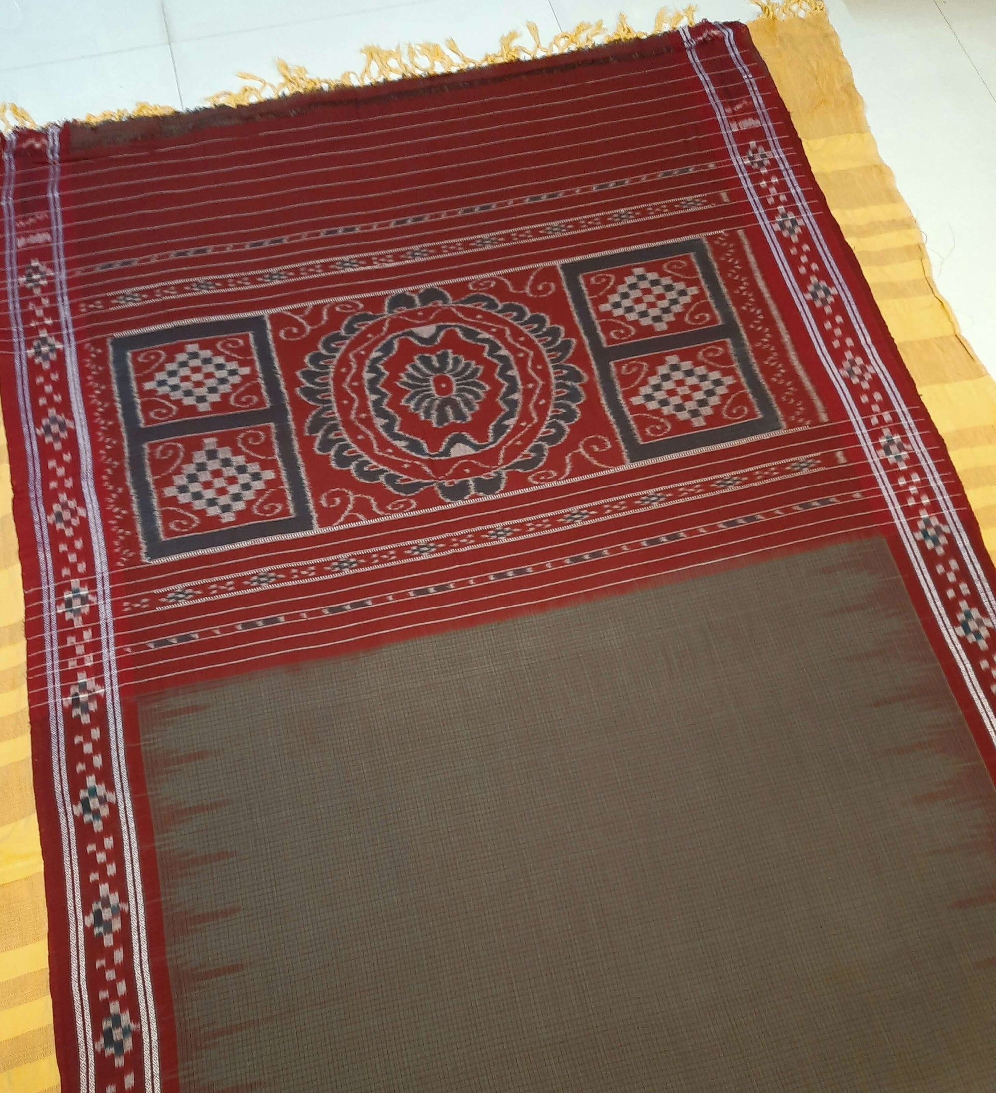 Grey and Maroon Cotton Odisha Ikat saree with sambalpuri ikat blouse piece