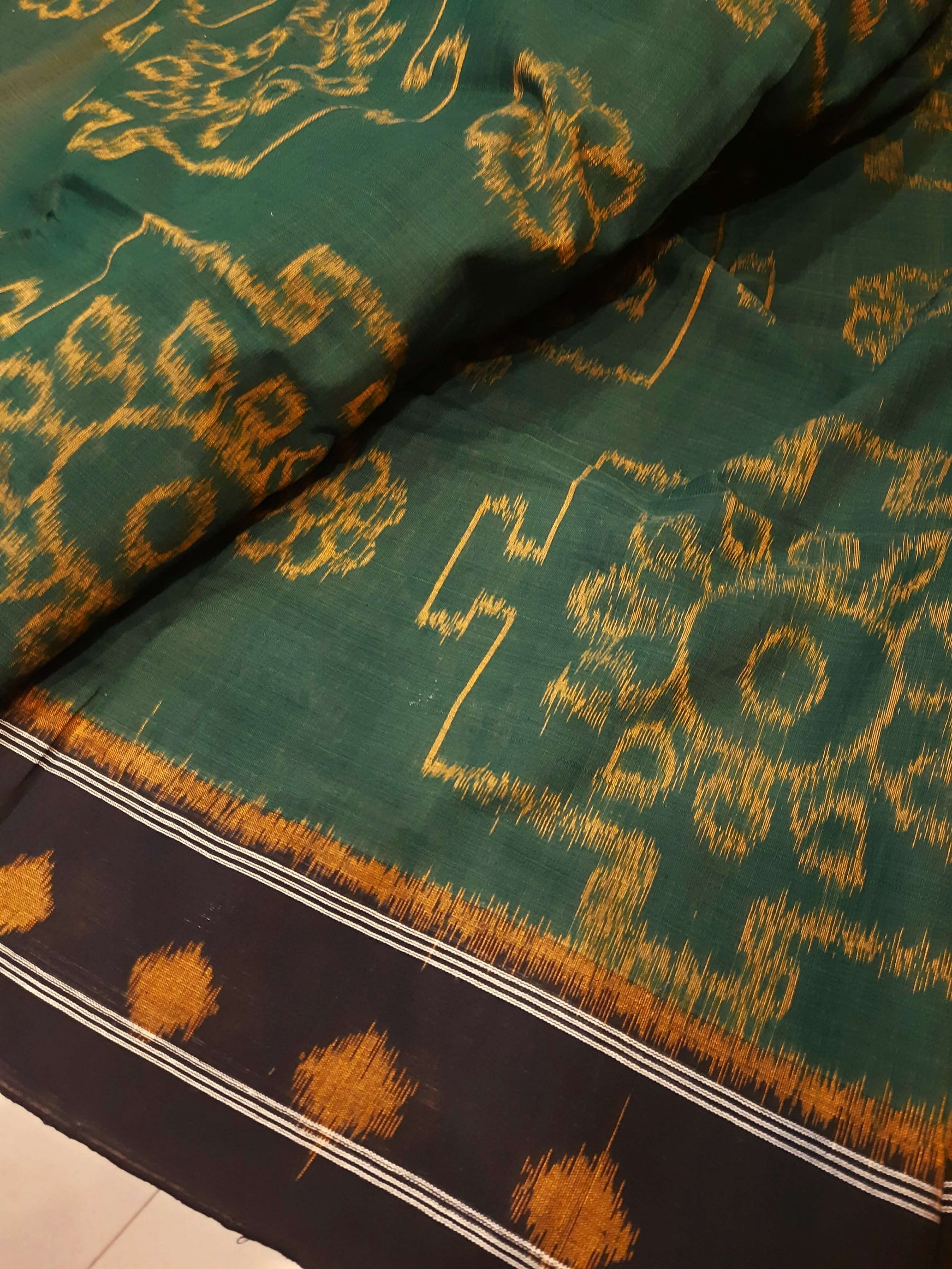 Green with yellow colour Odisha Ikat saree  with cotton ikat blouse piece