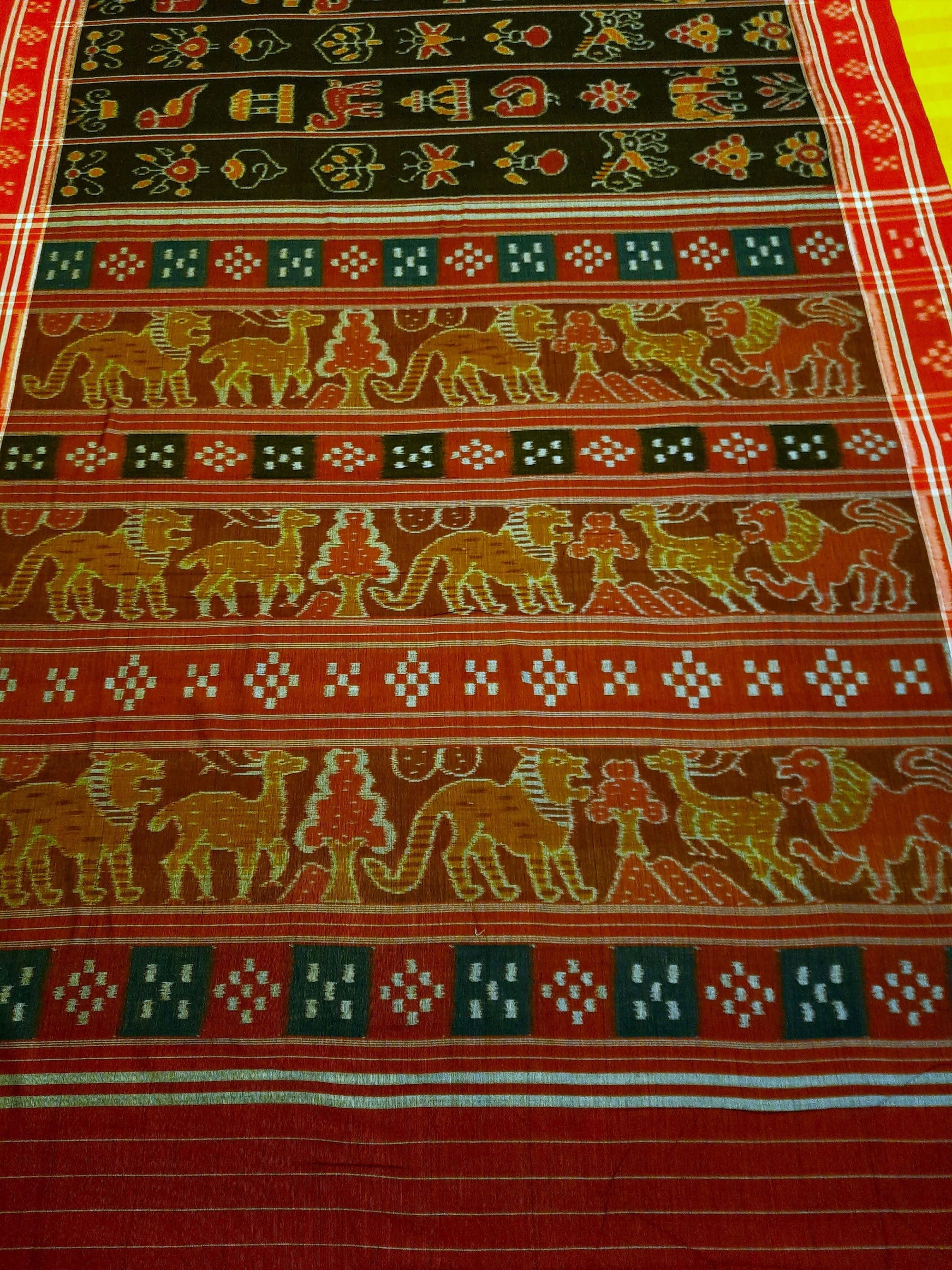 Black with Red colour cotton ikat Saree with mix match red cotton Ikat Blouse