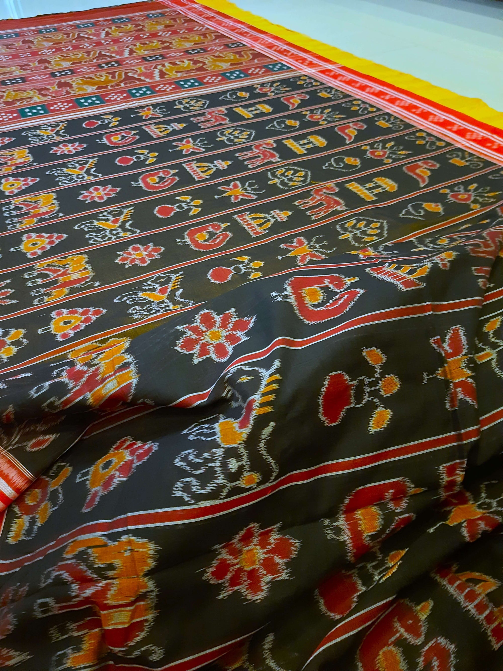 Black with Red colour cotton ikat Saree with mix match red cotton Ikat Blouse