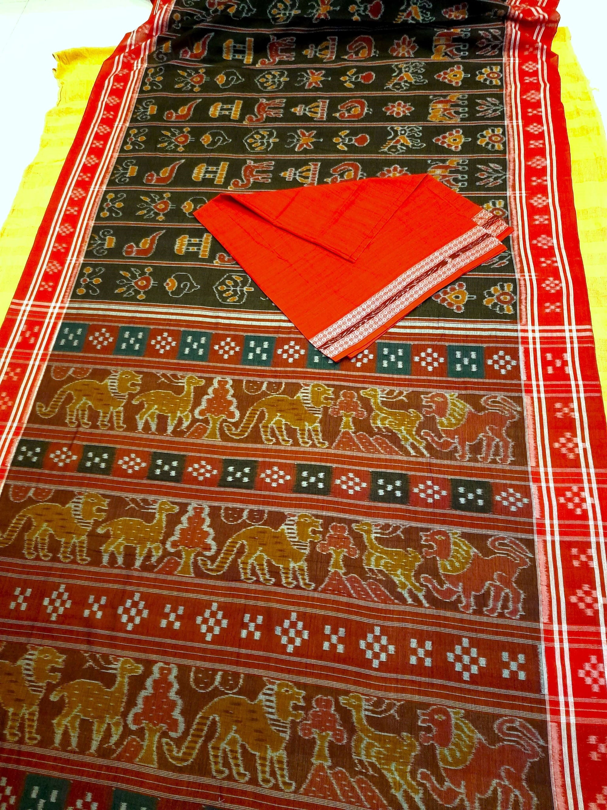 Black with Red colour cotton ikat Saree with mix match red cotton Ikat Blouse