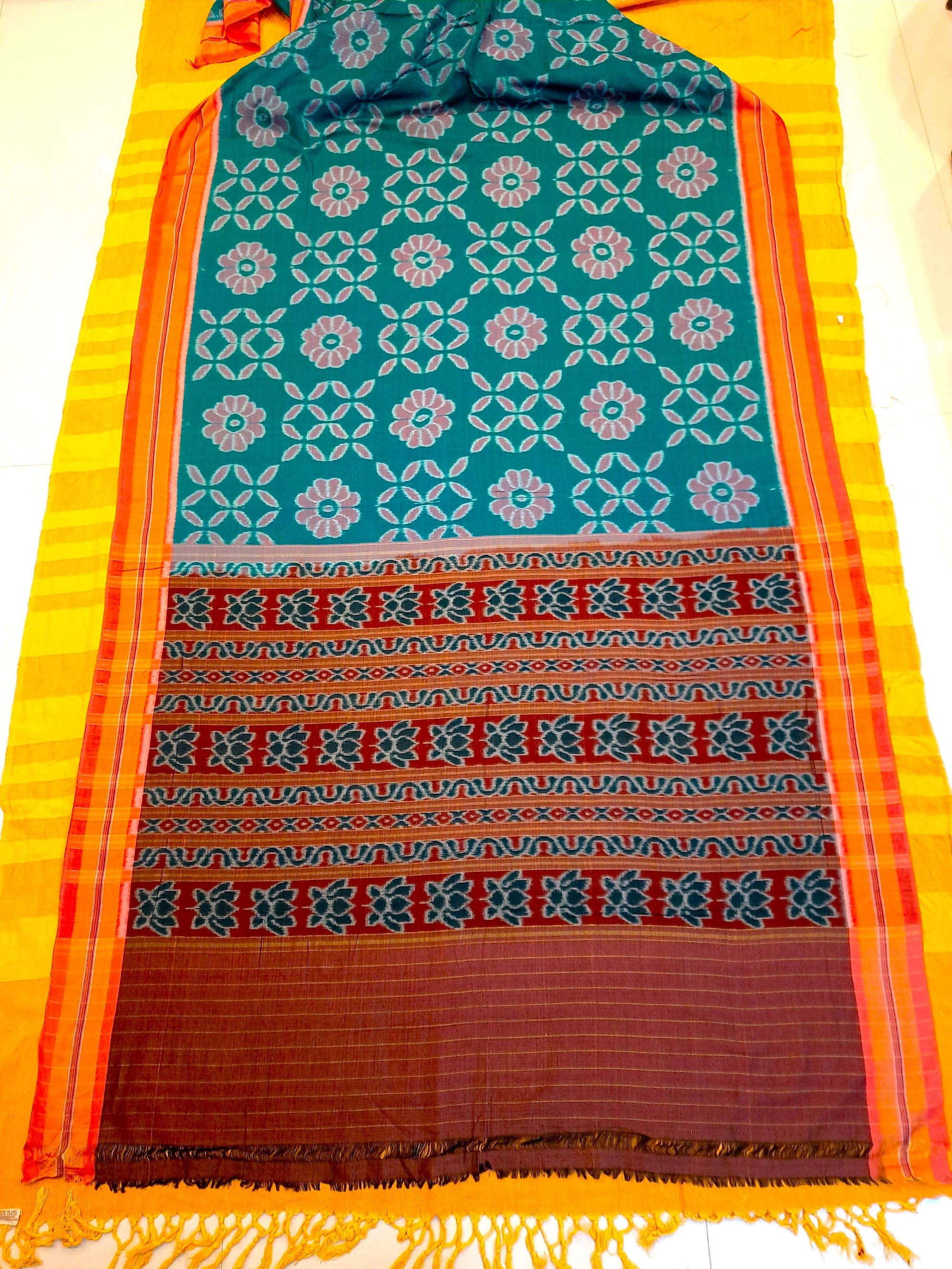 Green with Pink Cotton Odisha Ikat saree  with mix match cotton ikat blouse