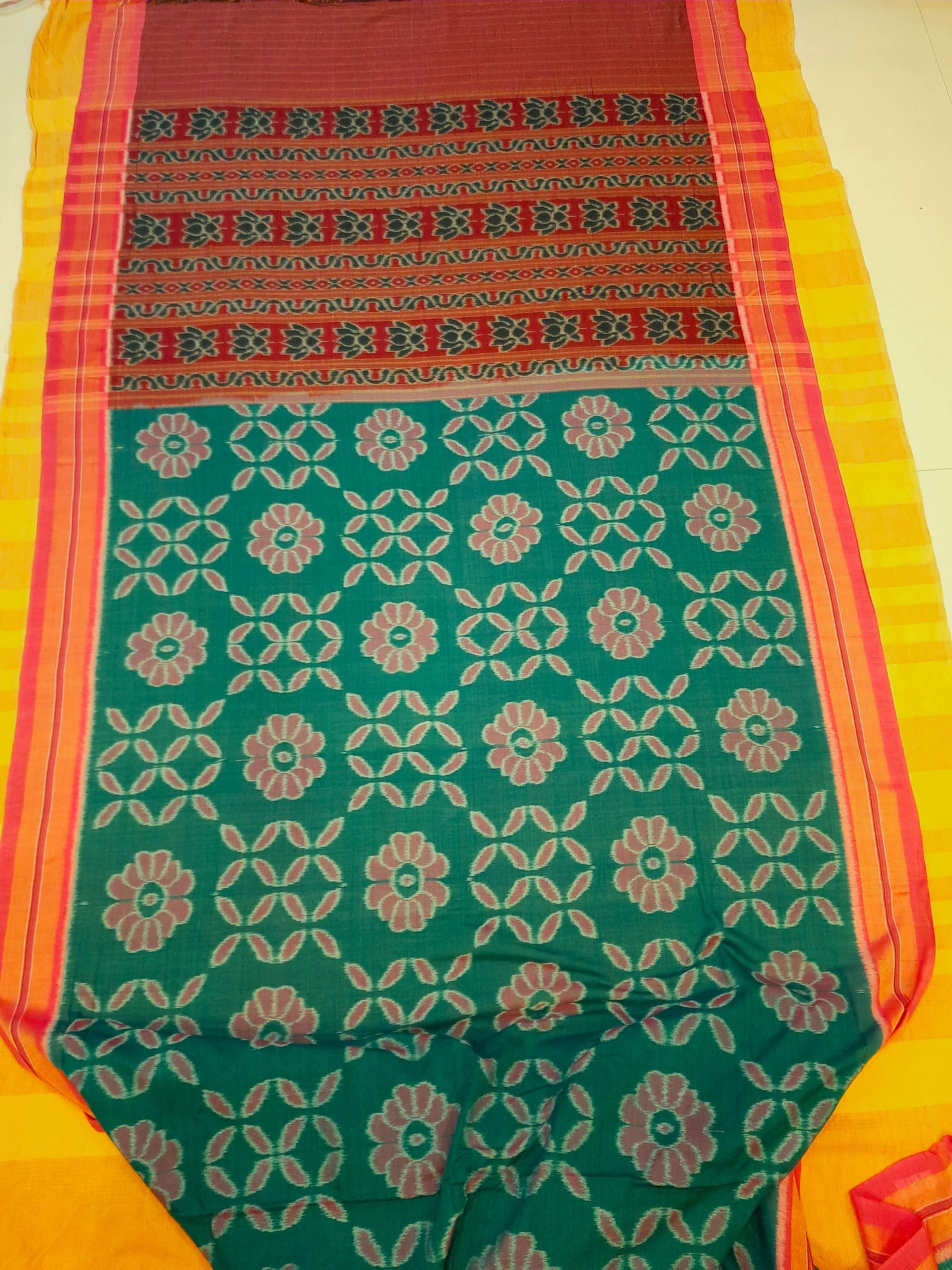 Green with Pink Cotton Odisha Ikat saree  with mix match cotton ikat blouse