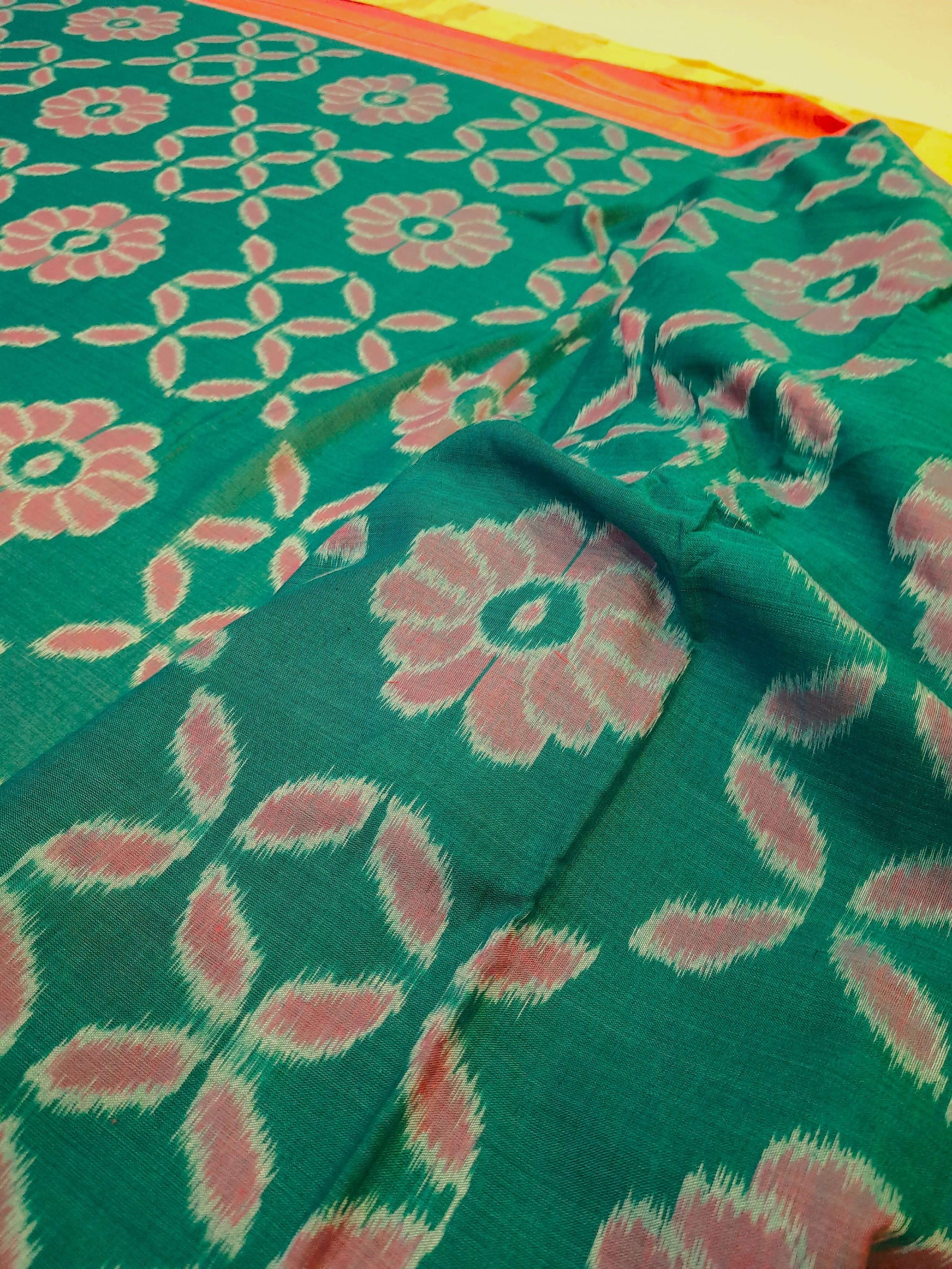 Green with Pink Cotton Odisha Ikat saree  with mix match cotton ikat blouse