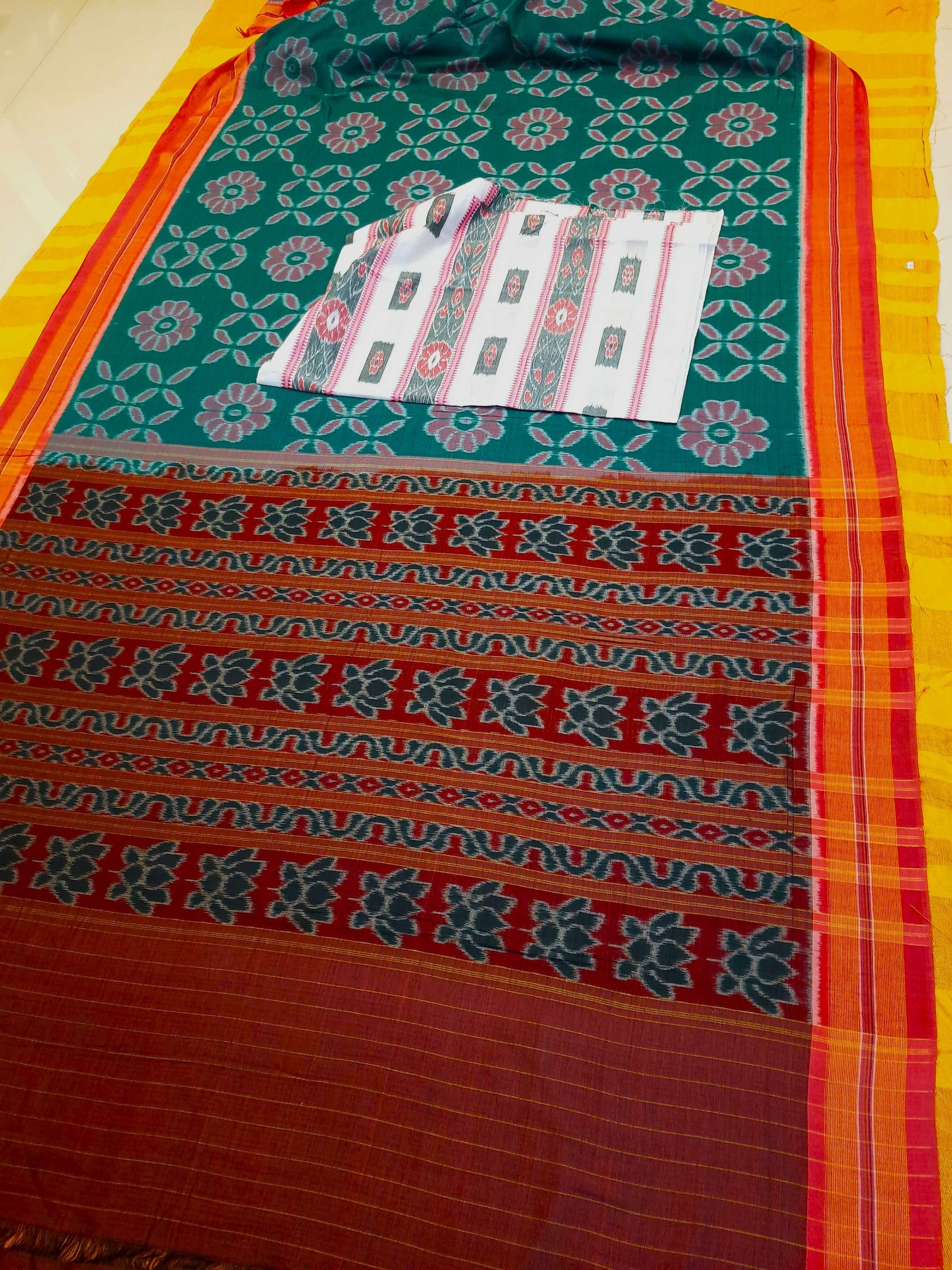 Green with Pink Cotton Odisha Ikat saree  with mix match cotton ikat blouse