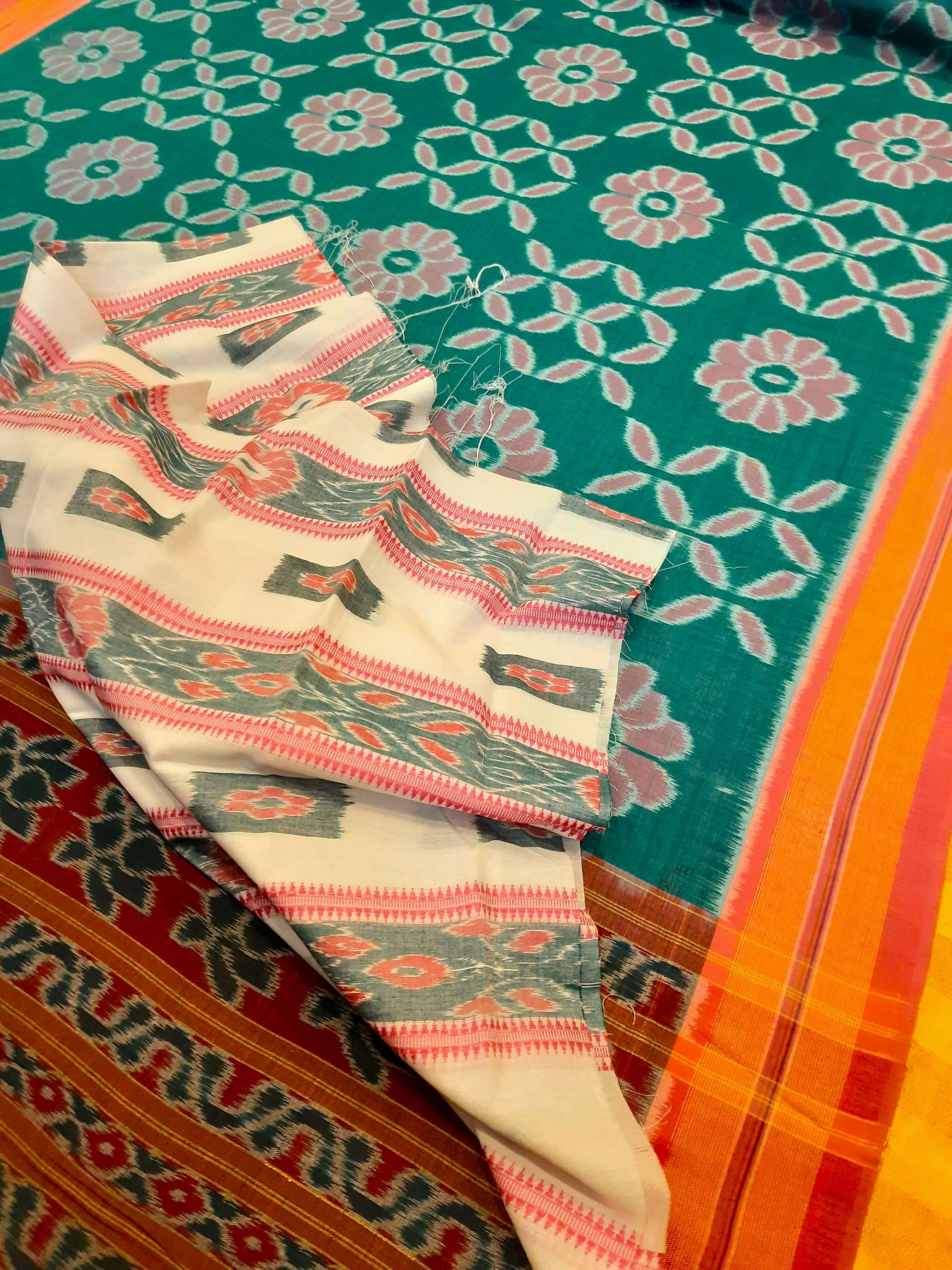 Green with Pink Cotton Odisha Ikat saree  with mix match cotton ikat blouse