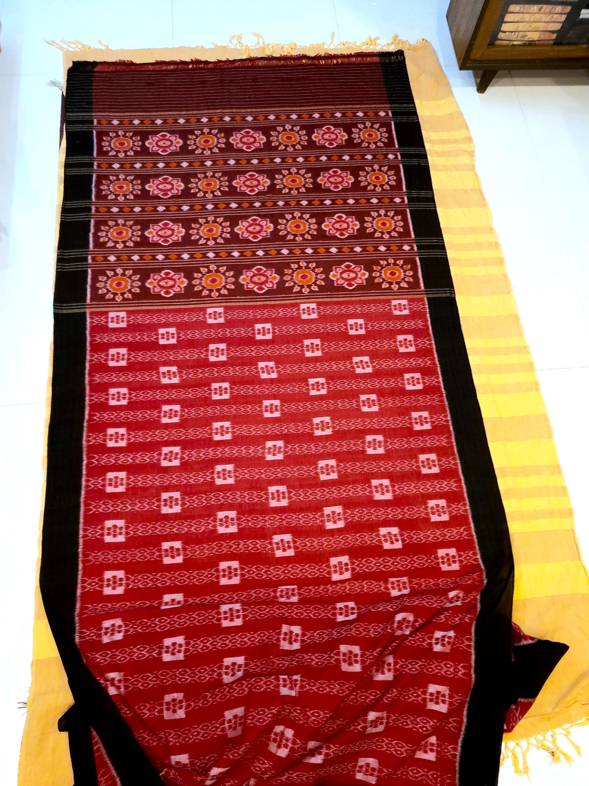 Red with Black Cotton Odisha Ikat saree  with mix match cotton ikat blouse