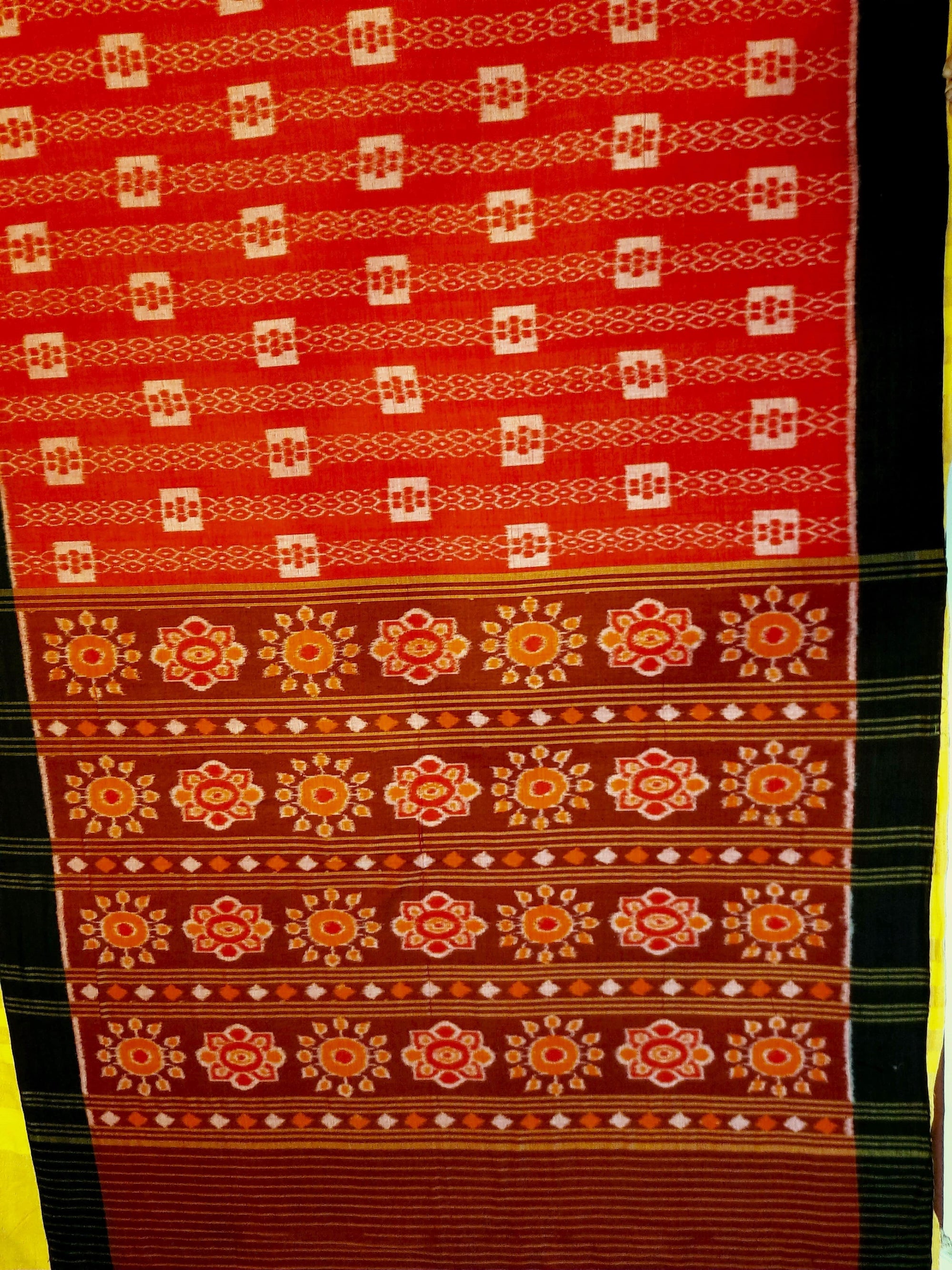 Red with Black Cotton Odisha Ikat saree  with mix match cotton ikat blouse