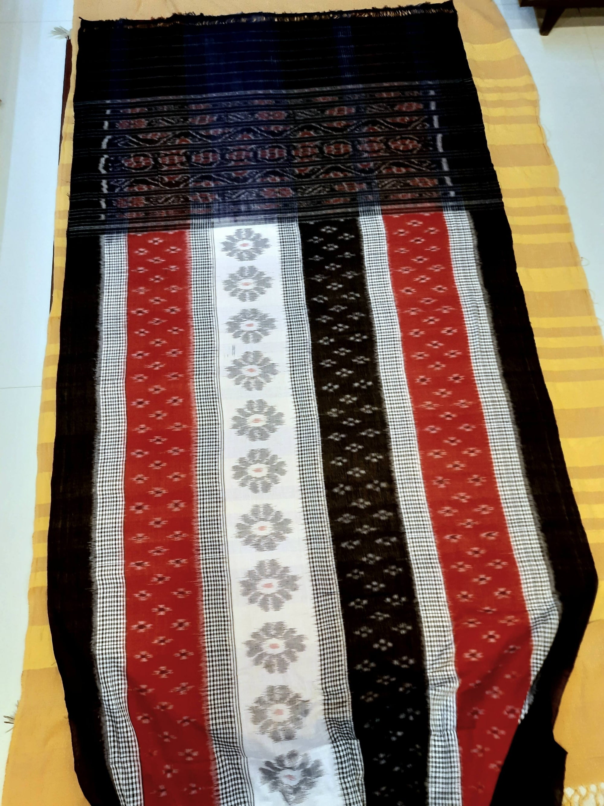 Black White and Red colured Cotton Odisha Ikat saree  with mix match cotton ikat blouse