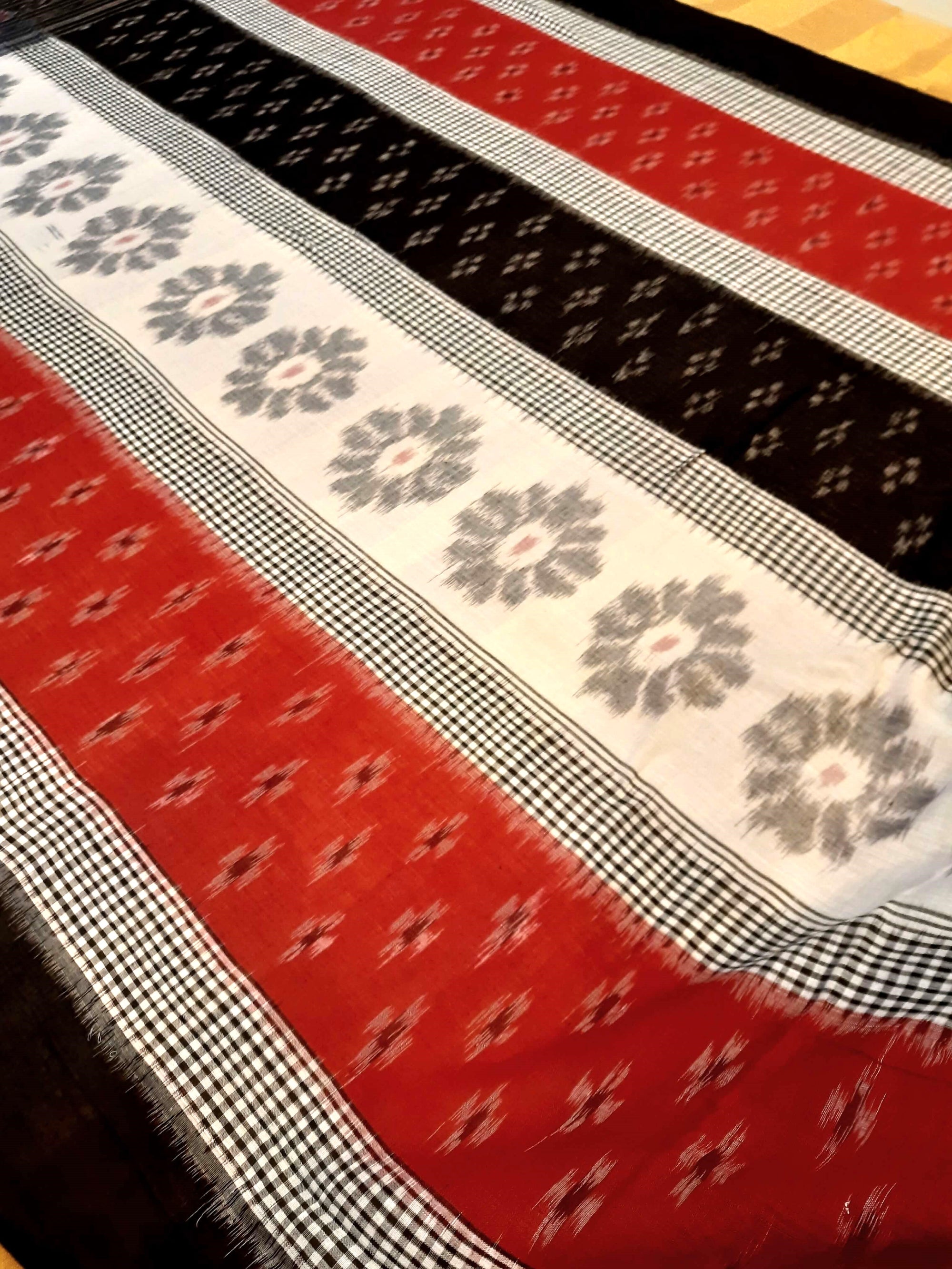 Black White and Red colured Cotton Odisha Ikat saree  with mix match cotton ikat blouse