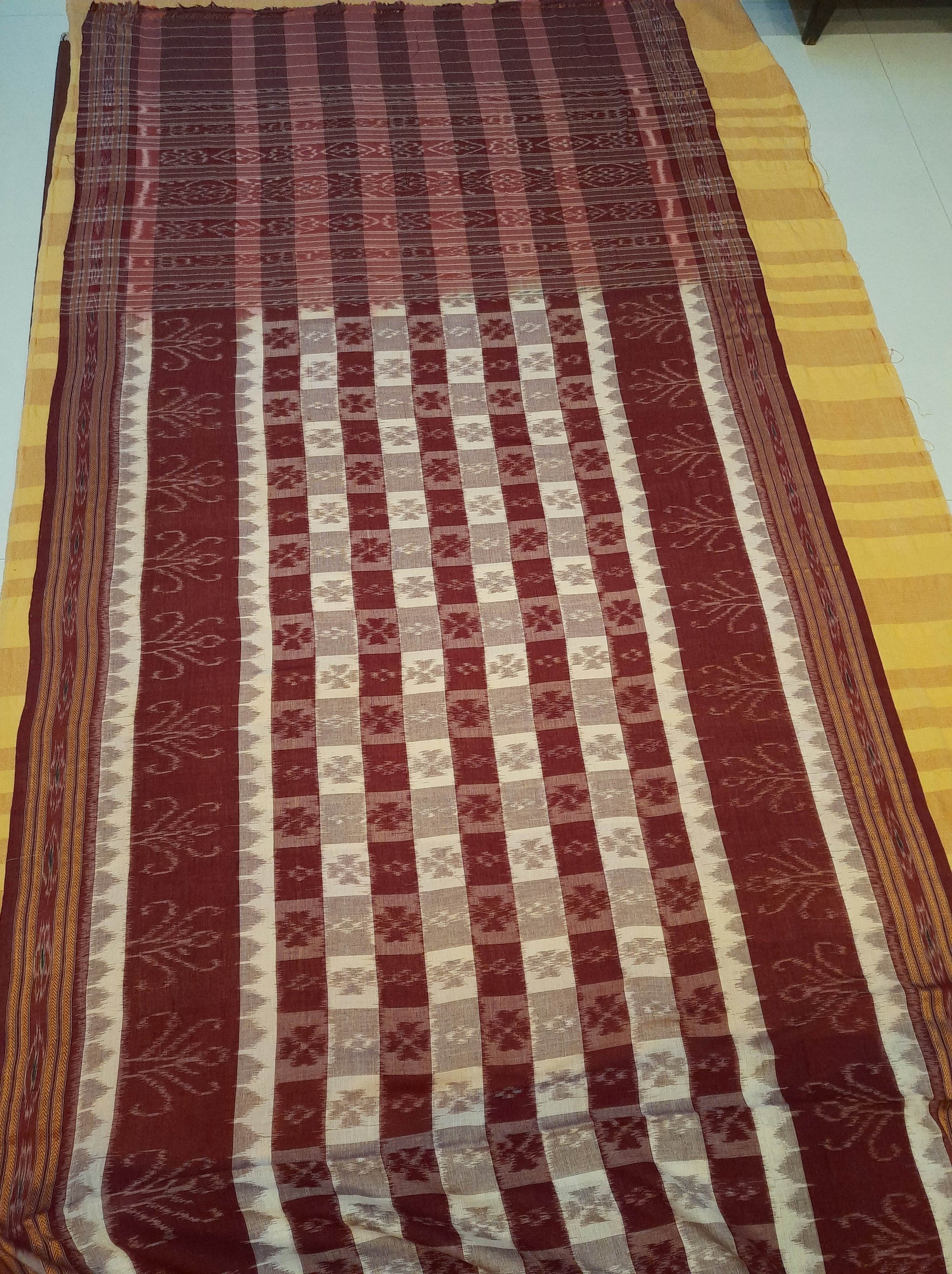 Beige and Maroon cotton ikat Saree with mix match red cotton Ikat Blouse