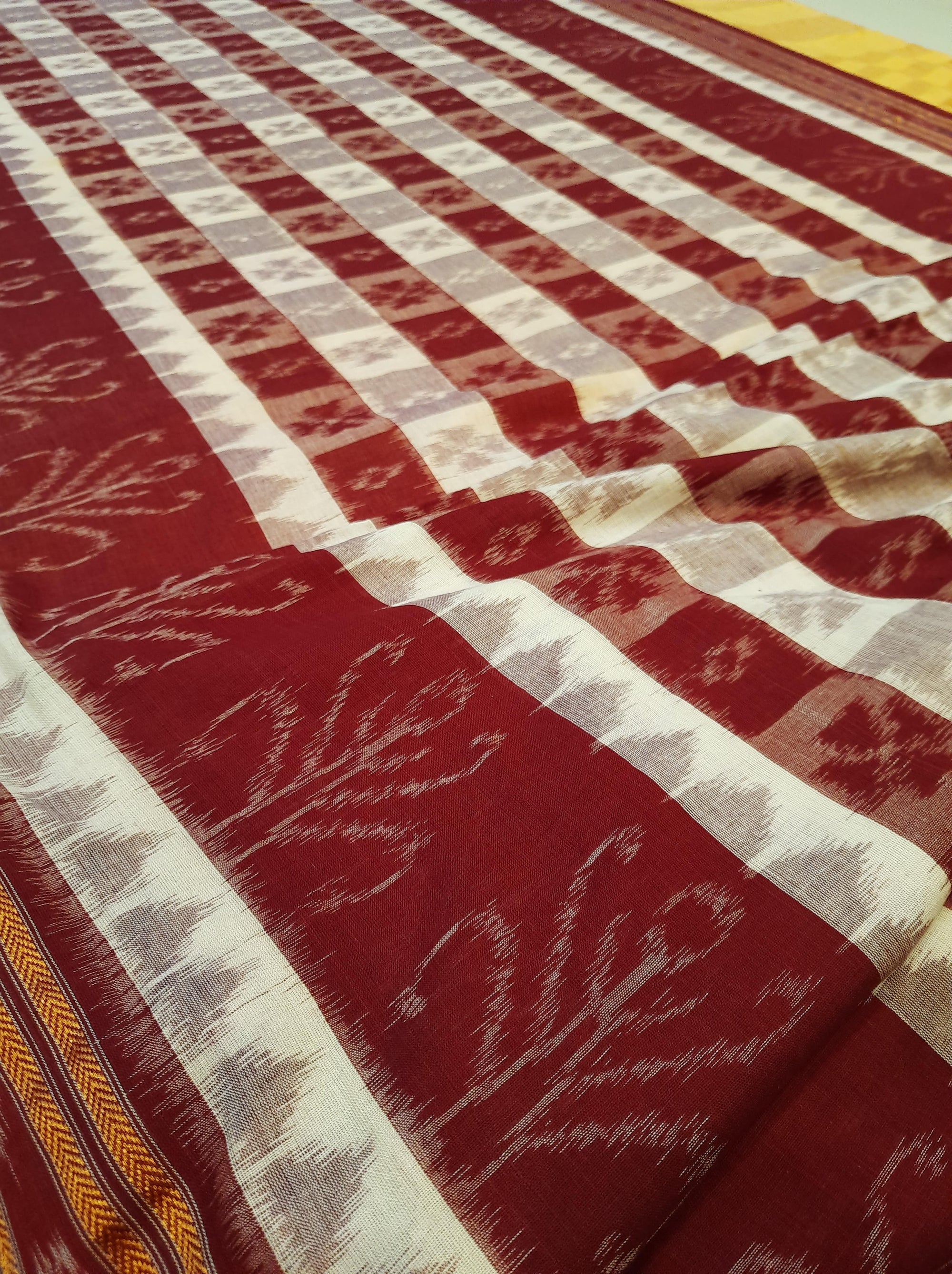 Beige and Maroon cotton ikat Saree with mix match red cotton Ikat Blouse