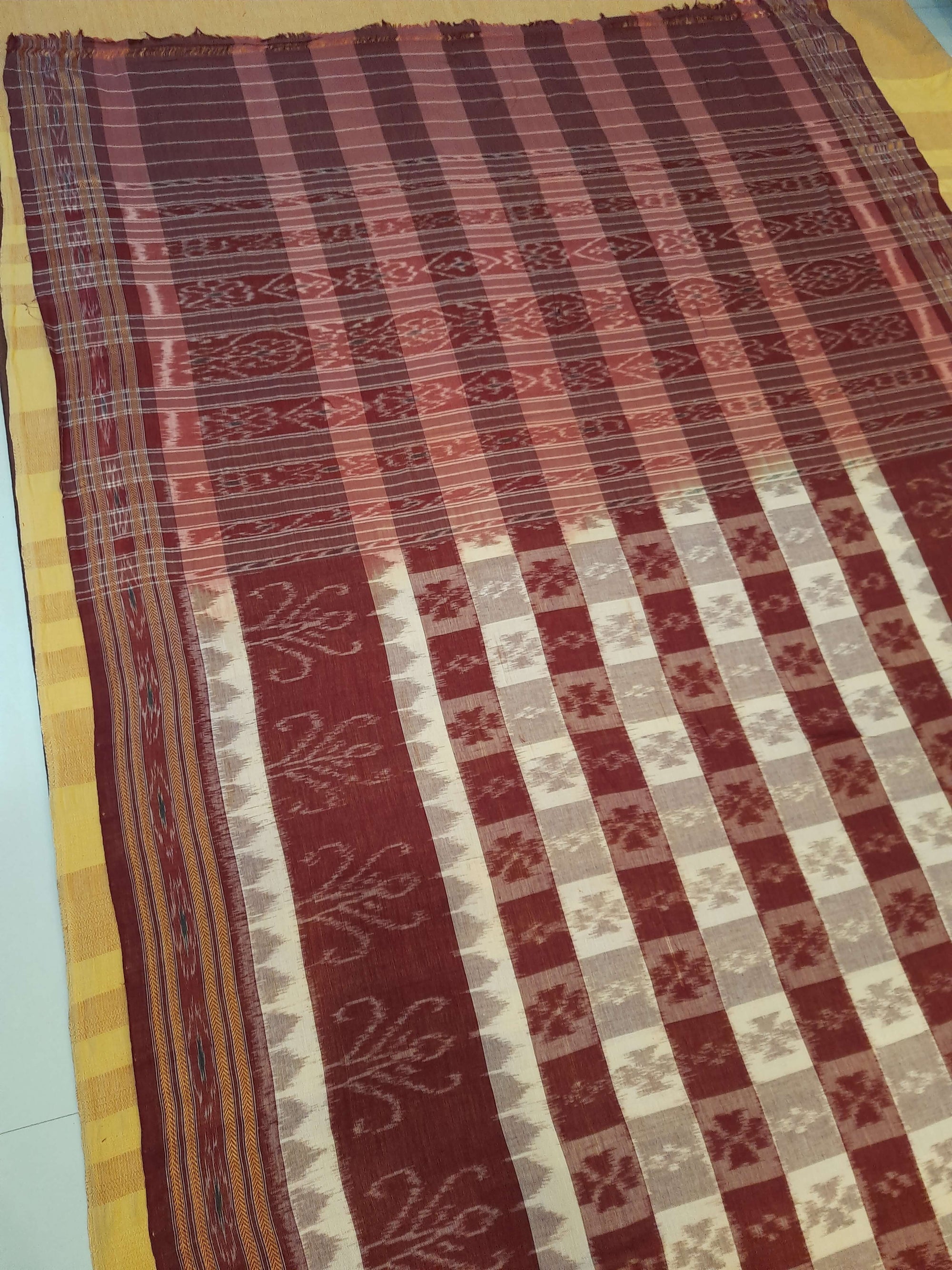 Beige and Maroon cotton ikat Saree with mix match red cotton Ikat Blouse