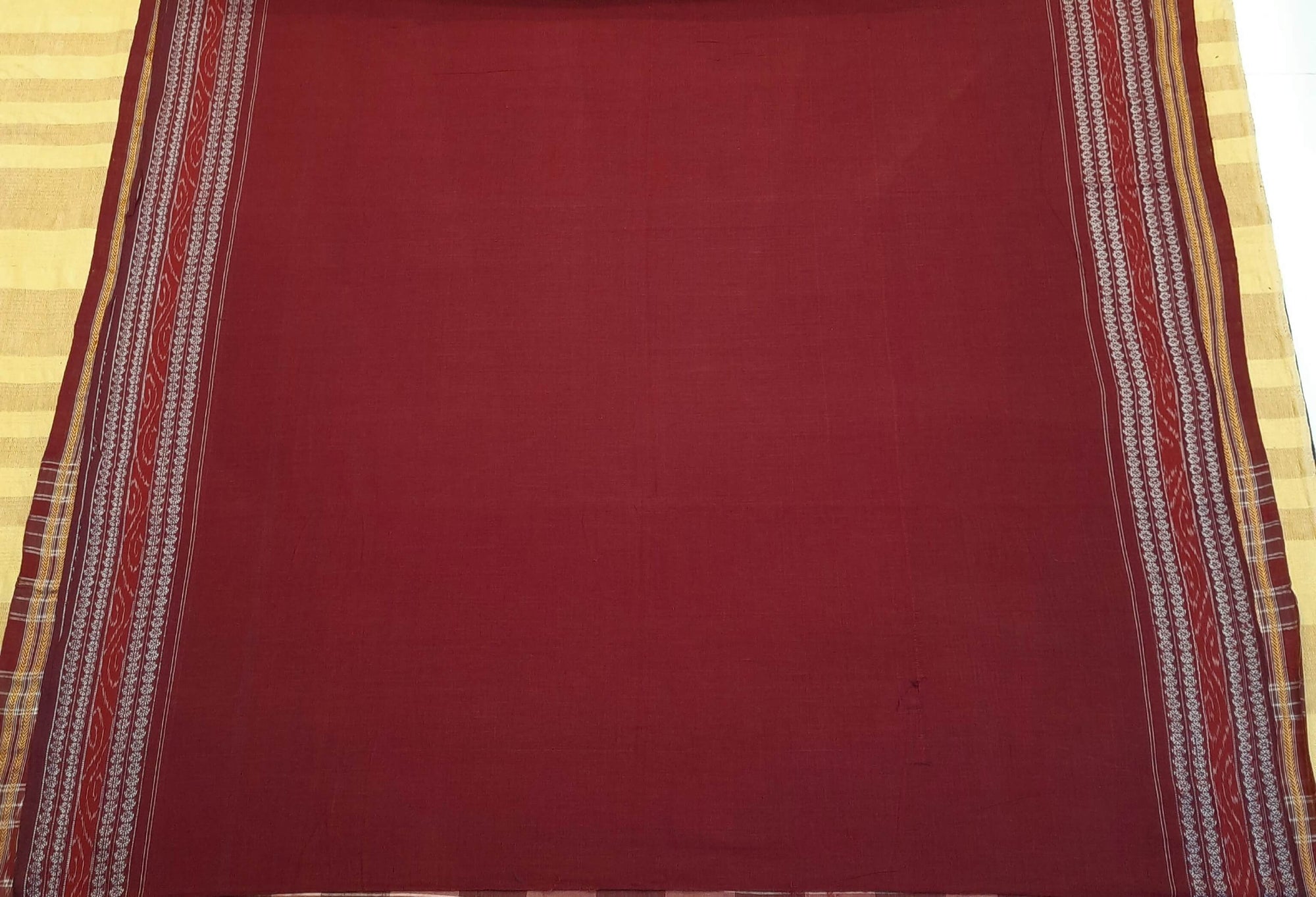 Beige and Maroon cotton ikat Saree with mix match red cotton Ikat Blouse