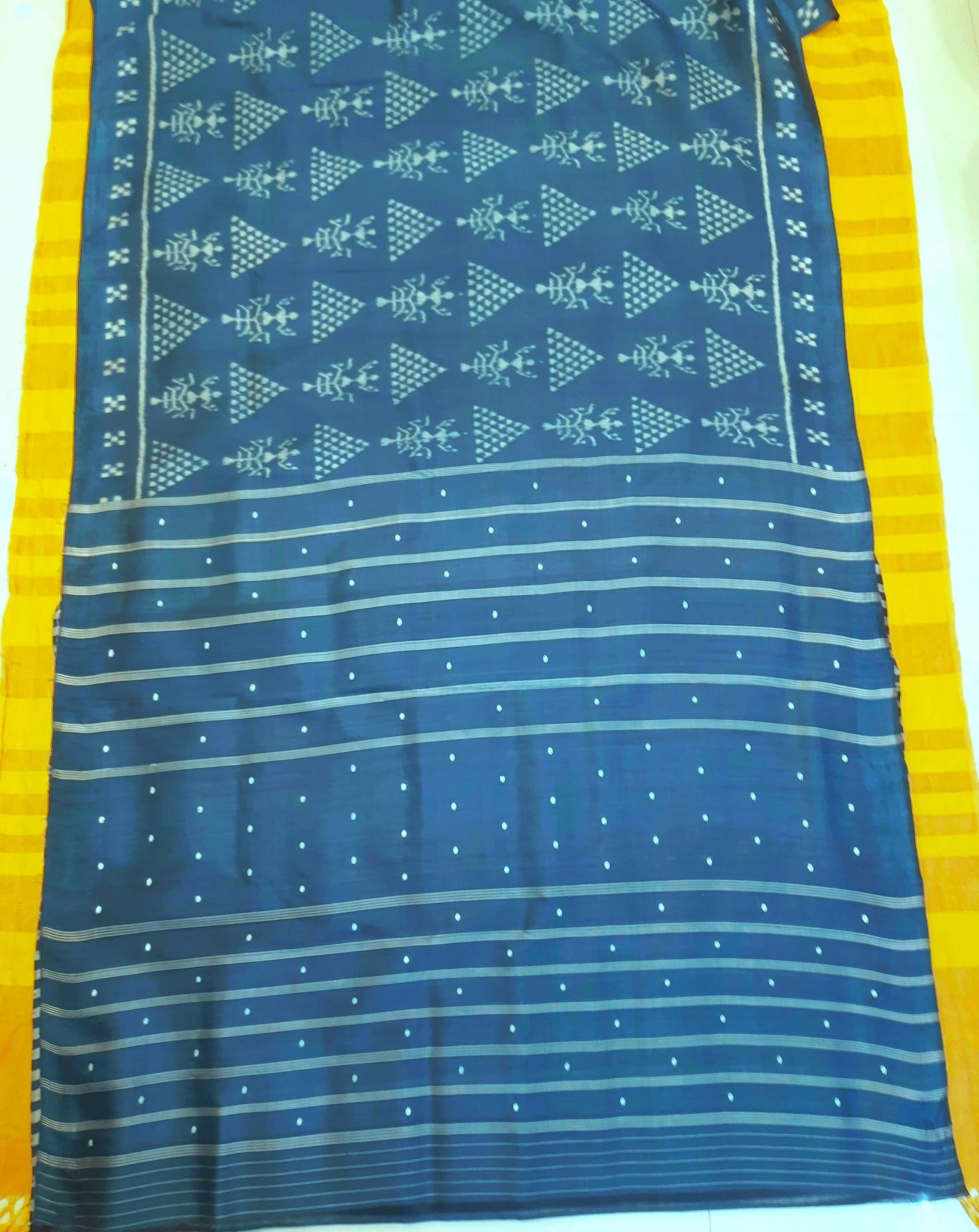 Blue Tribal motifs Odisha Khandua Pata Silk Saree with running blouse piece