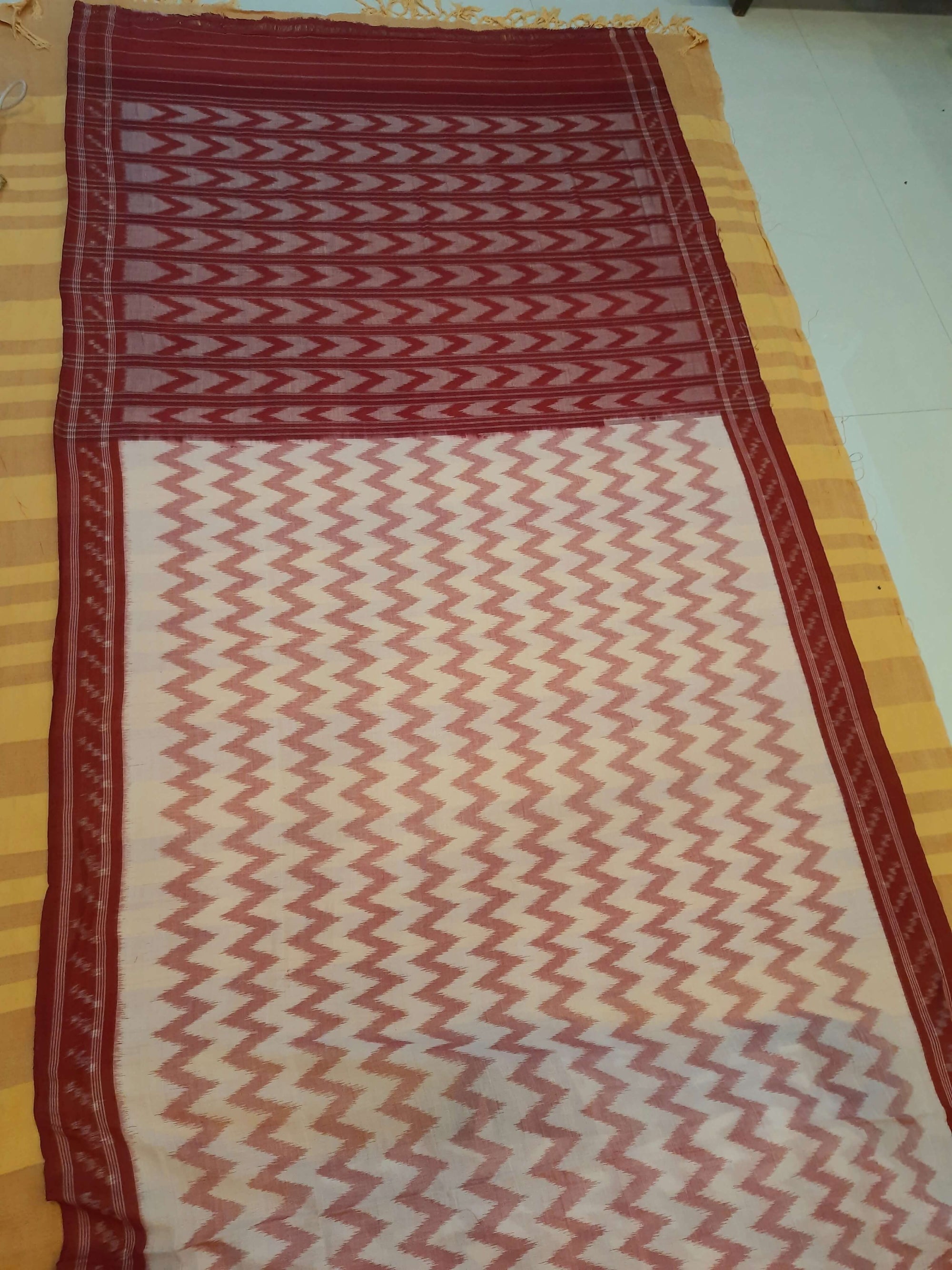 Off-White with Red Cotton Odisha Ikat saree  with mix match cotton ikat blouse