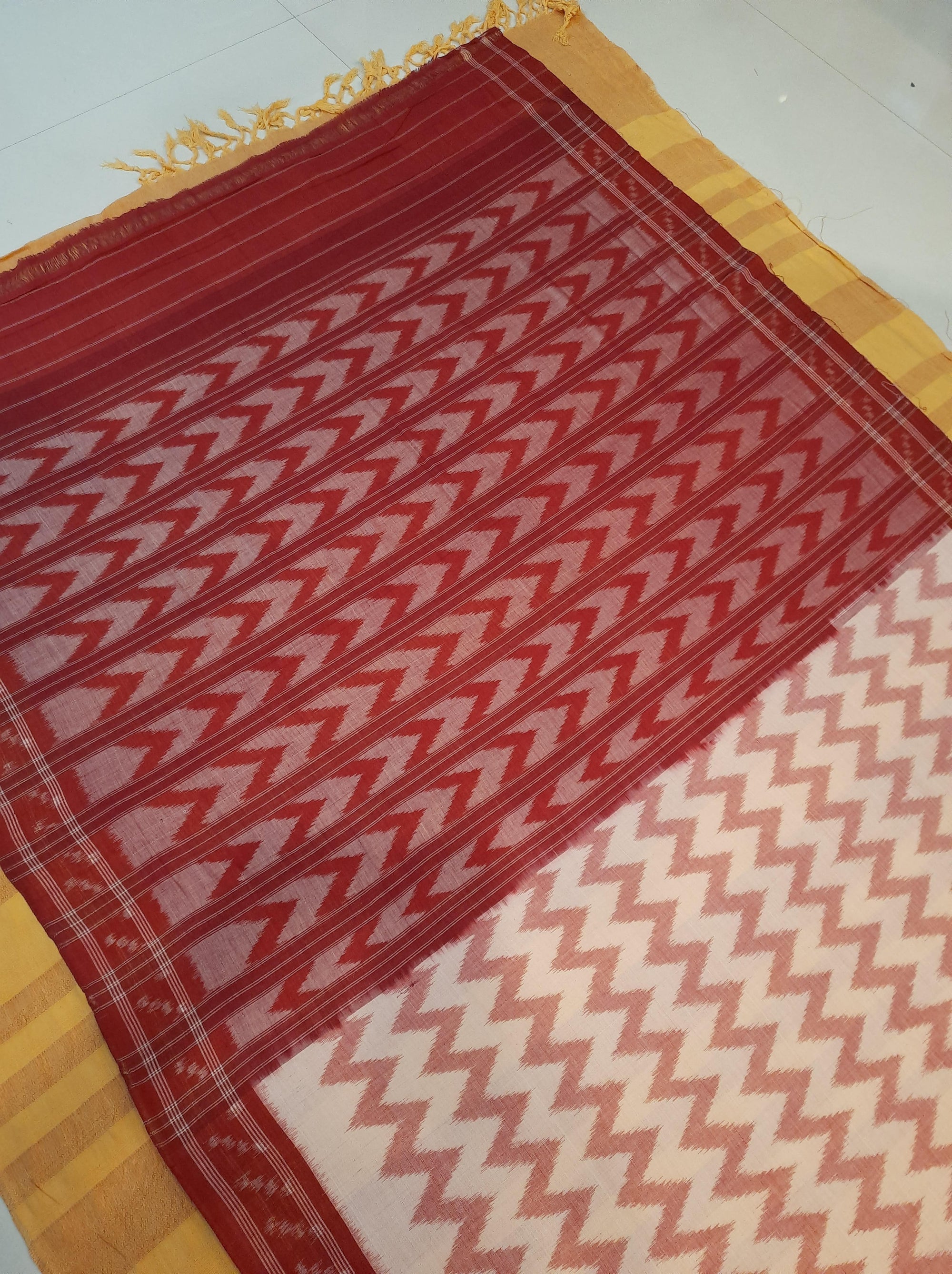 Off-White with Red Cotton Odisha Ikat saree  with mix match cotton ikat blouse