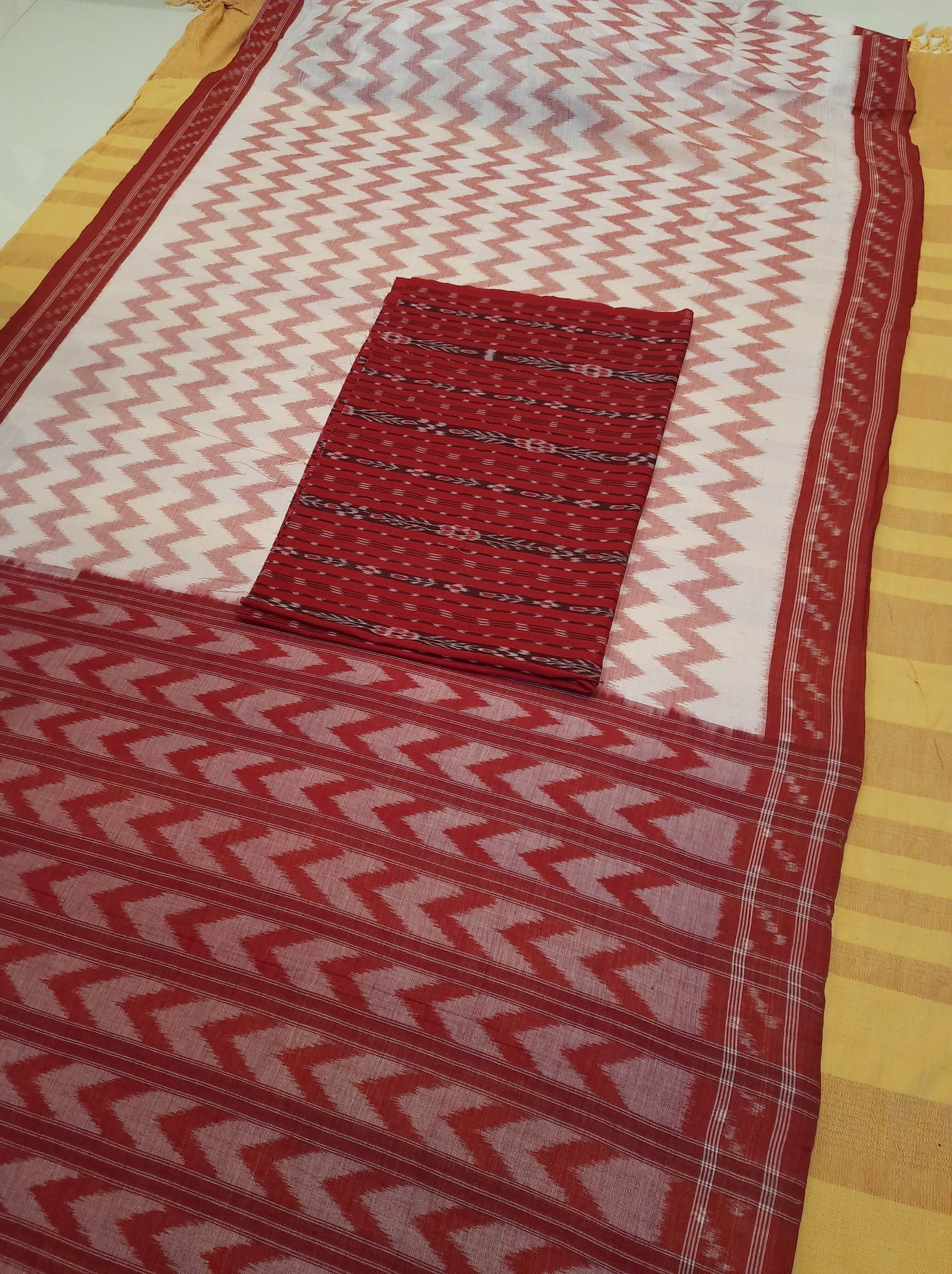 Off-White with Red Cotton Odisha Ikat saree  with mix match cotton ikat blouse