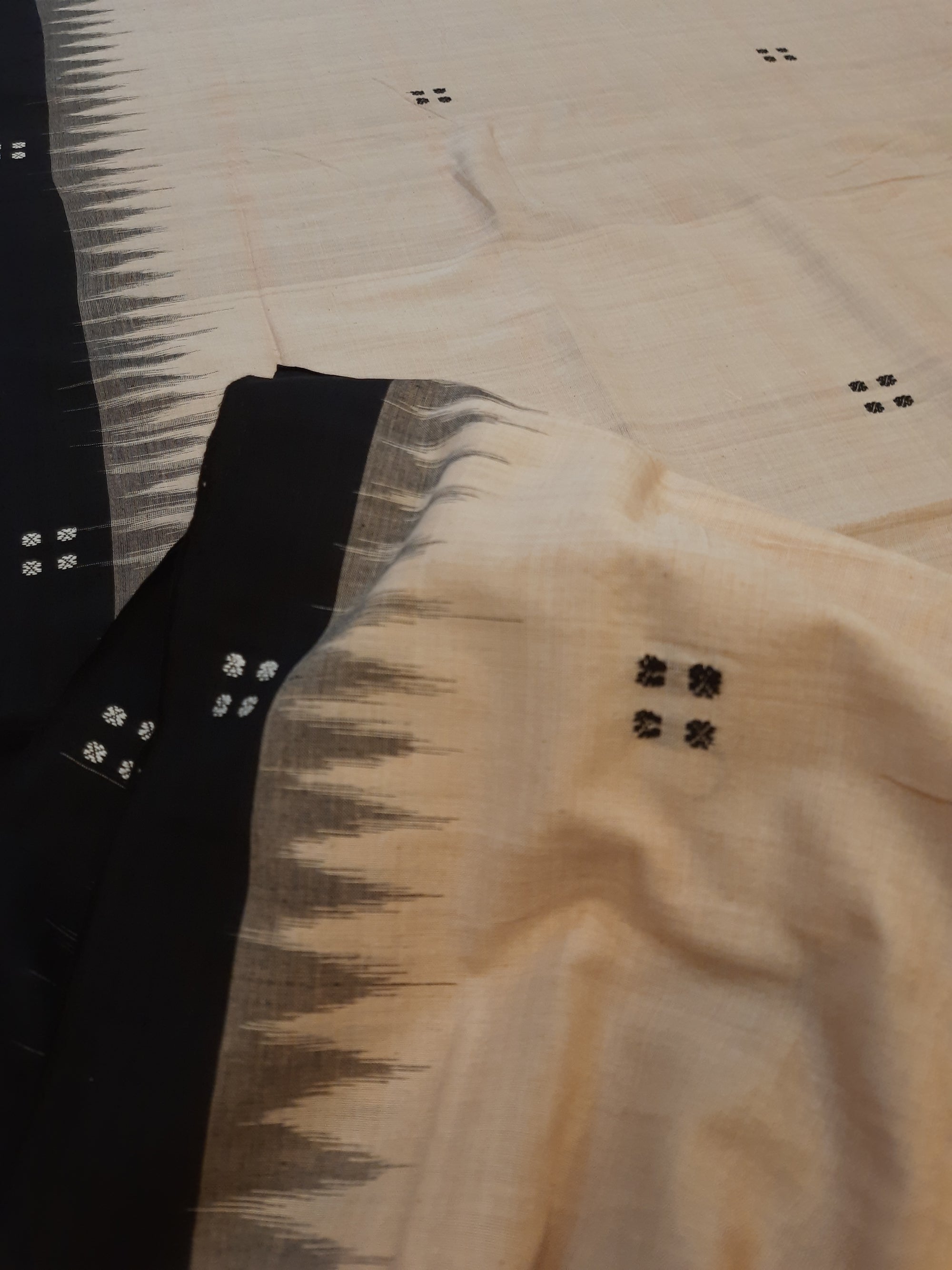 Beige with Black Cotton Odisha Ikat saree  with mix match cotton ikat blouse