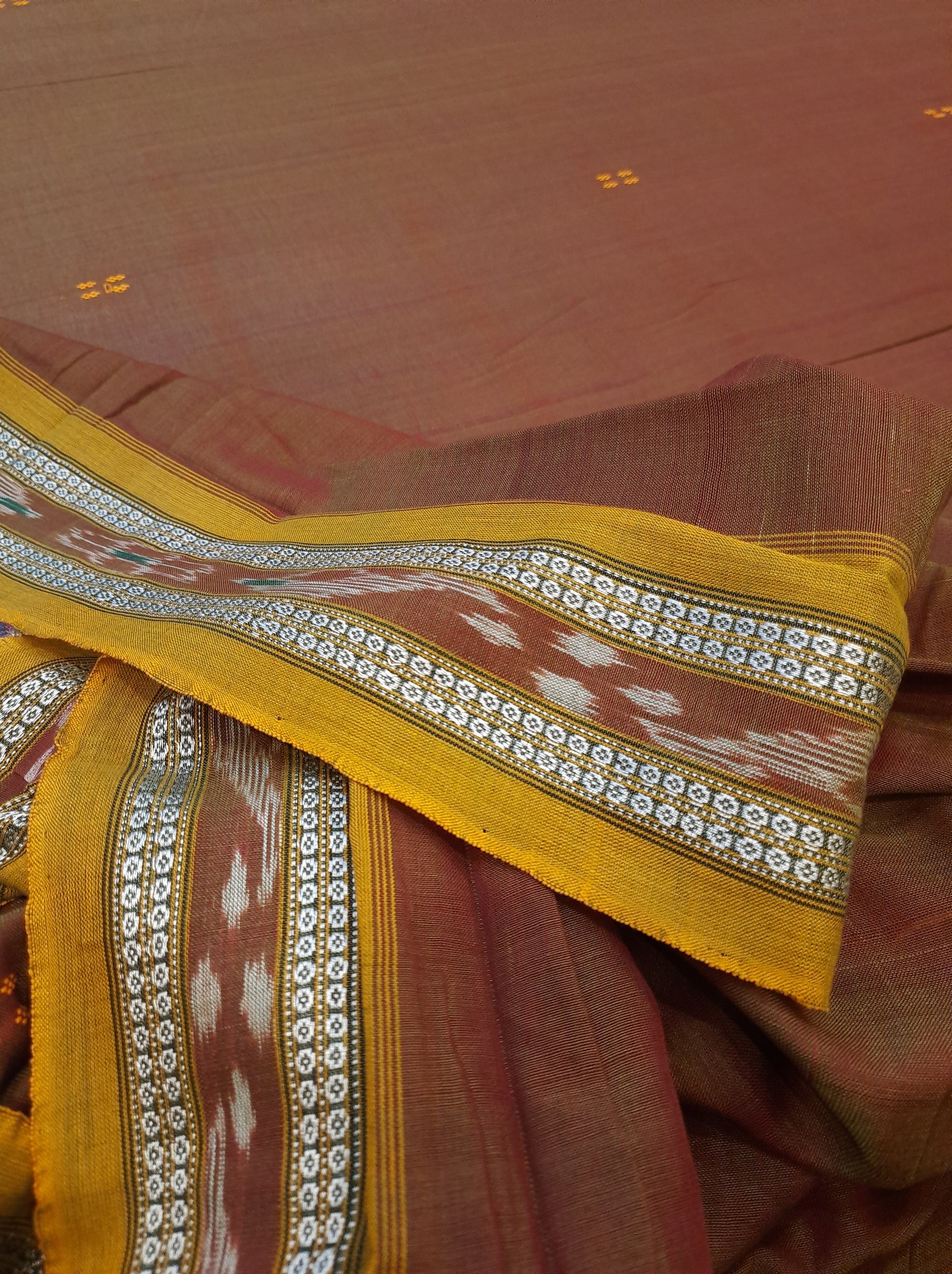 Brown with Golden coloured Odisha Ikat saree  with cotton ikat blouse piece