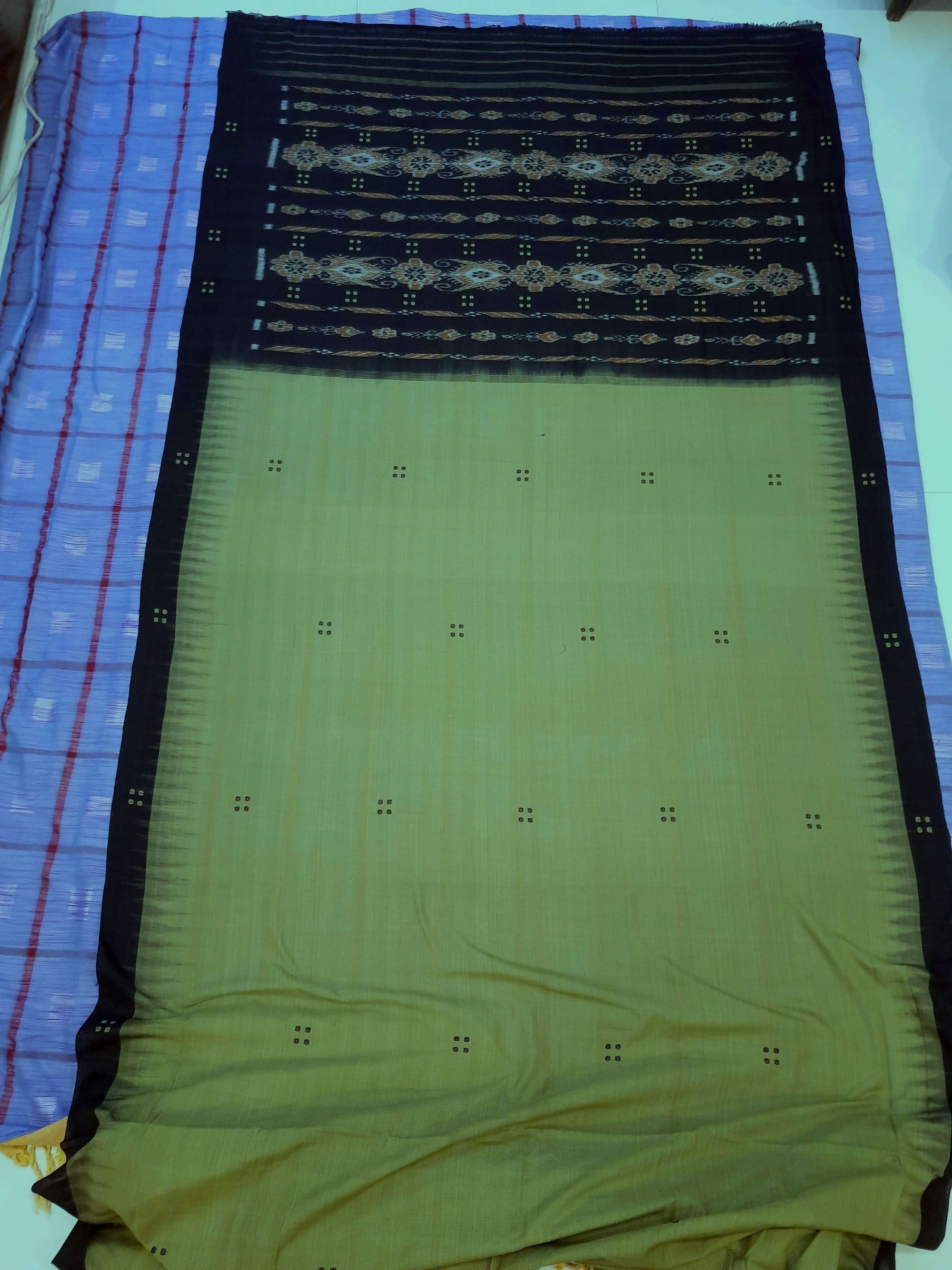 Green with black coloured Odisha Ikat saree  with cotton ikat blouse piece