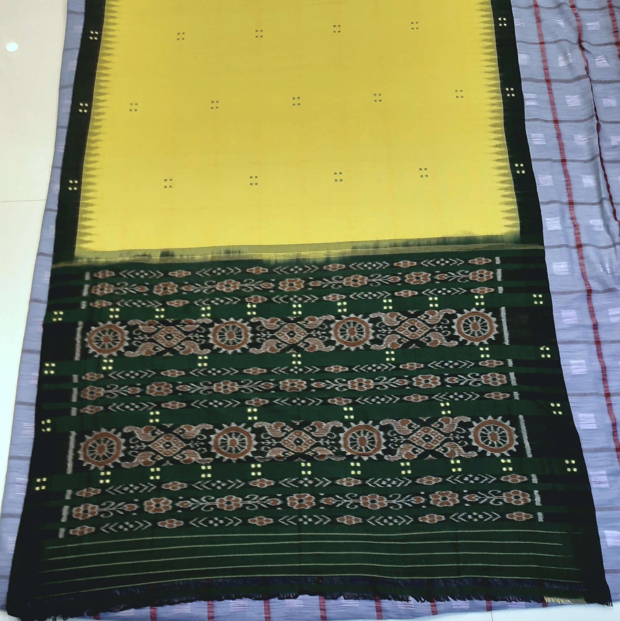 Yellow Odisha Ikat saree  with cotton ikat blouse piece