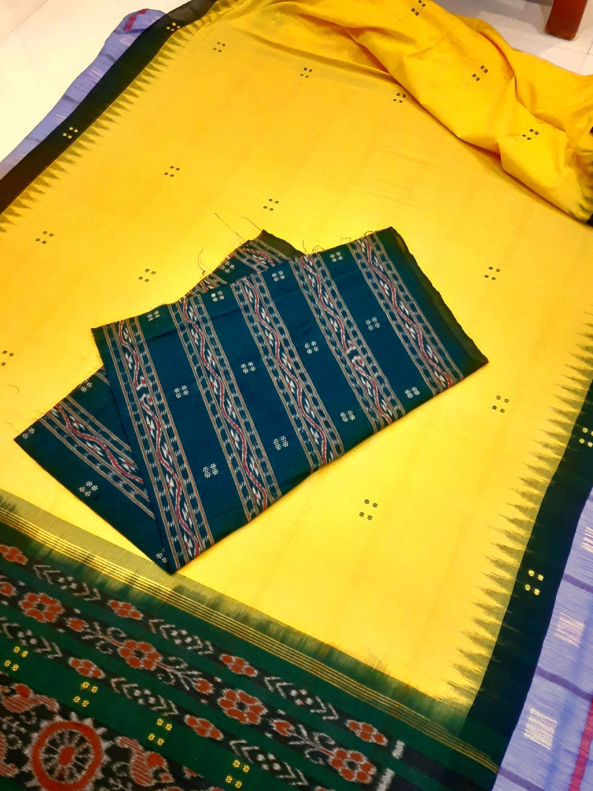 Yellow Odisha Ikat saree  with cotton ikat blouse piece