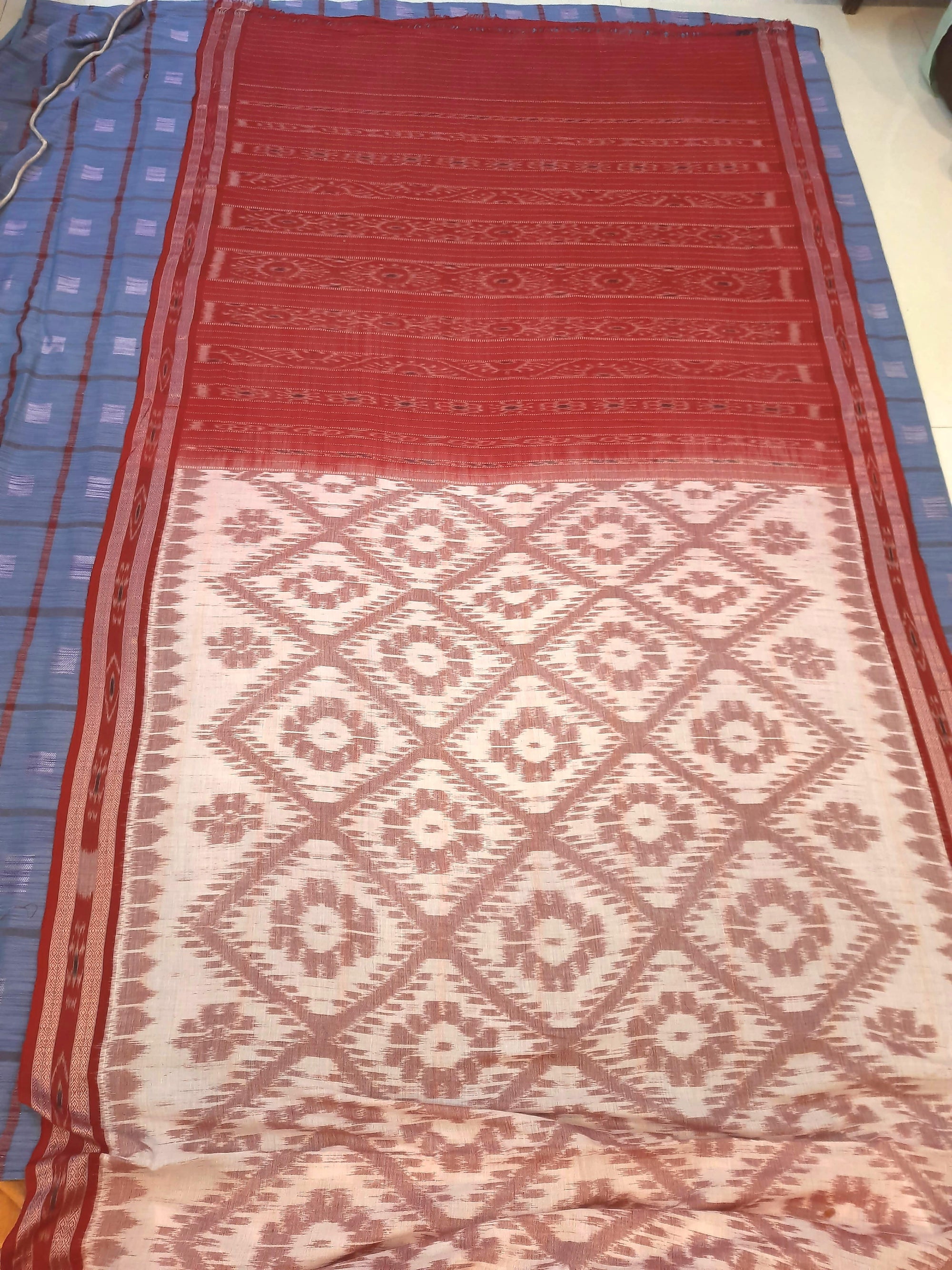 White and Red Cotton Odisha Ikat saree  with mix match cotton ikat blouse