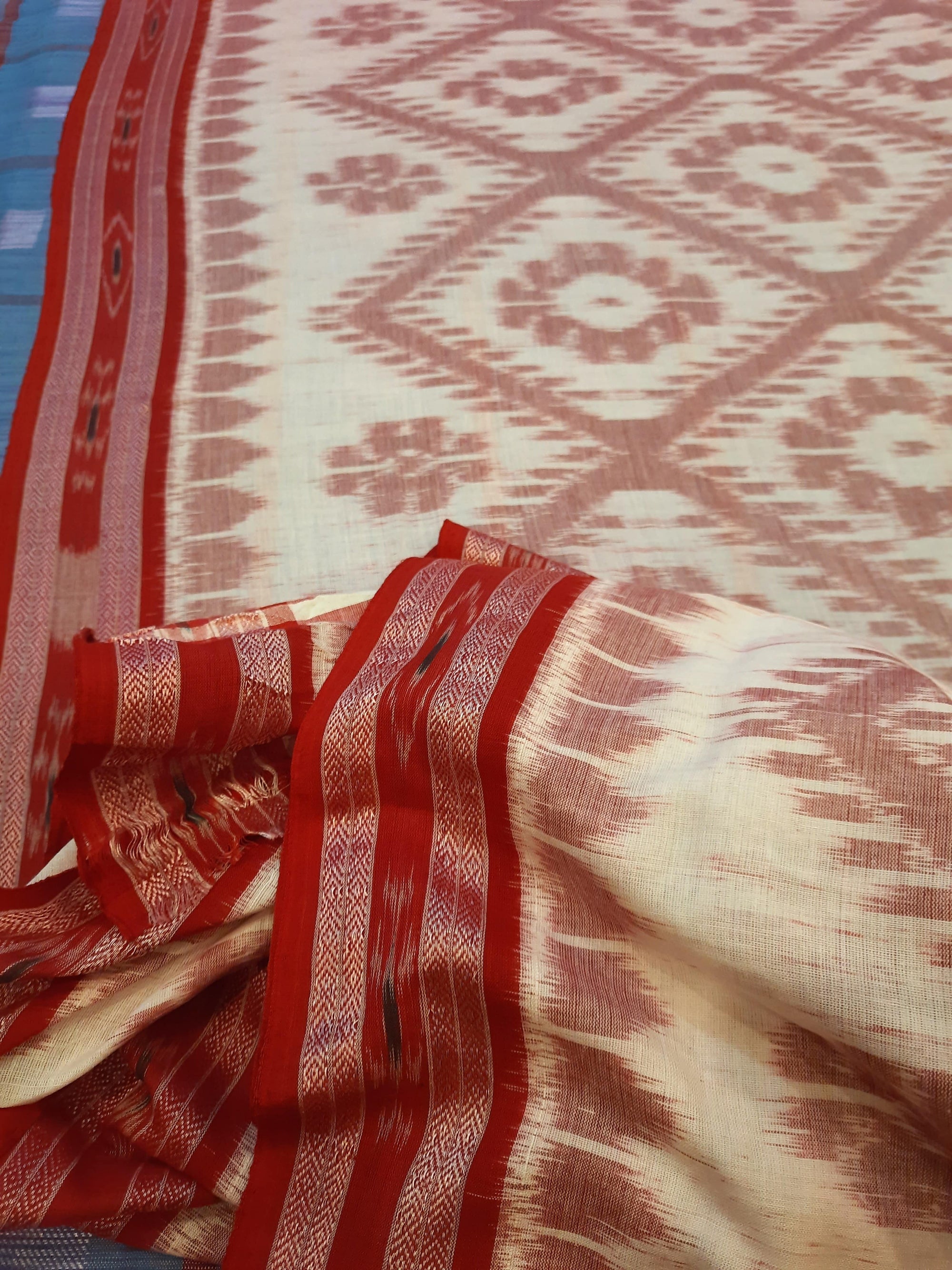 White and Red Cotton Odisha Ikat saree  with mix match cotton ikat blouse