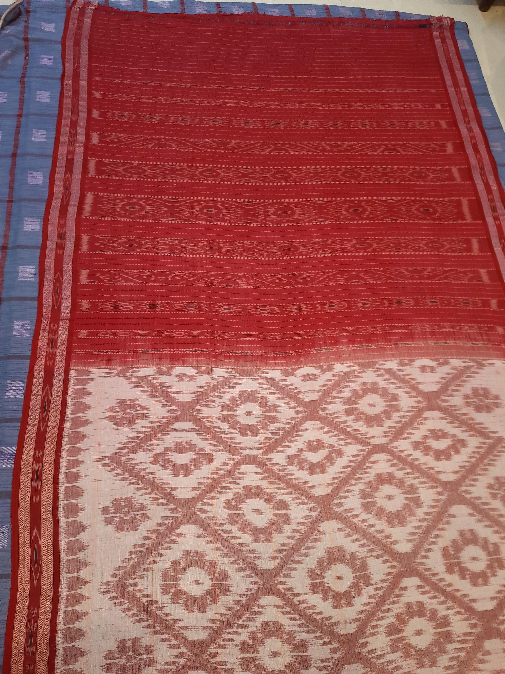 White and Red Cotton Odisha Ikat saree  with mix match cotton ikat blouse