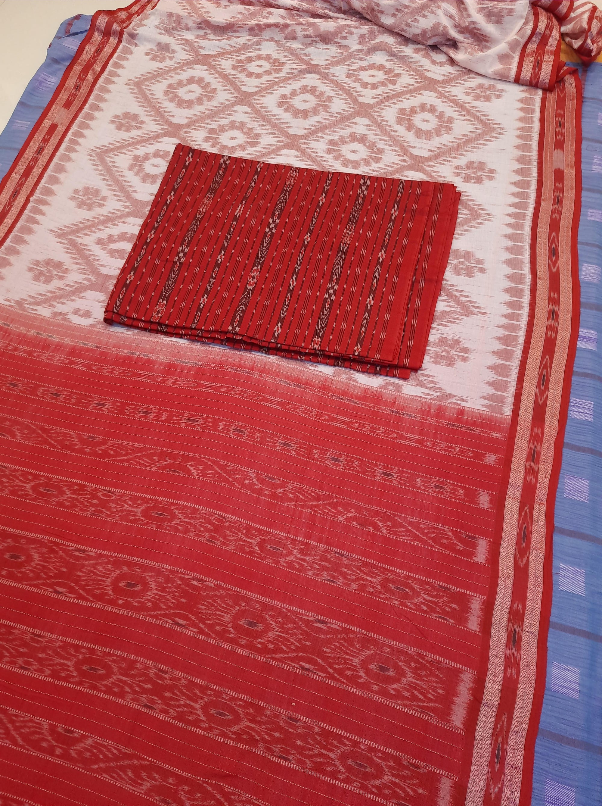 White and Red Cotton Odisha Ikat saree  with mix match cotton ikat blouse