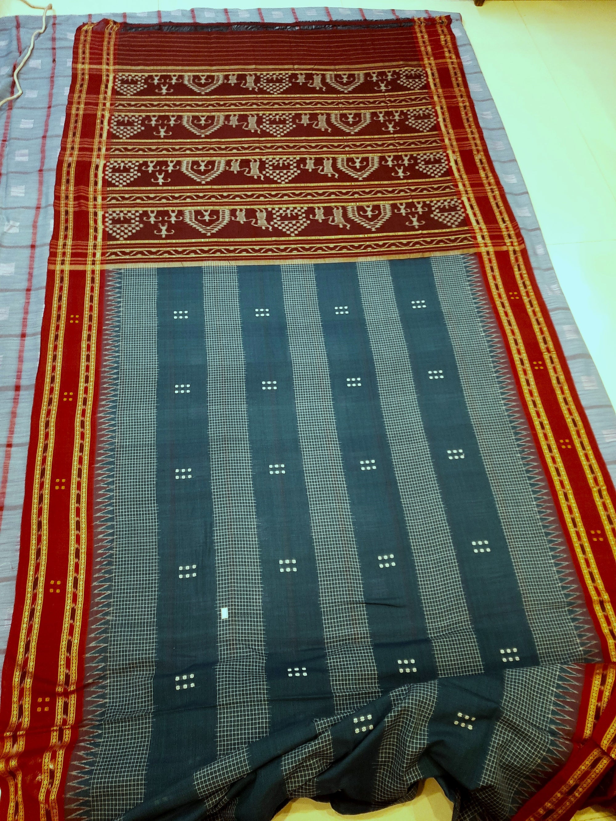 Blue with Maroon buti Cotton Odisha Ikat saree with mix match cotton ikat blouse