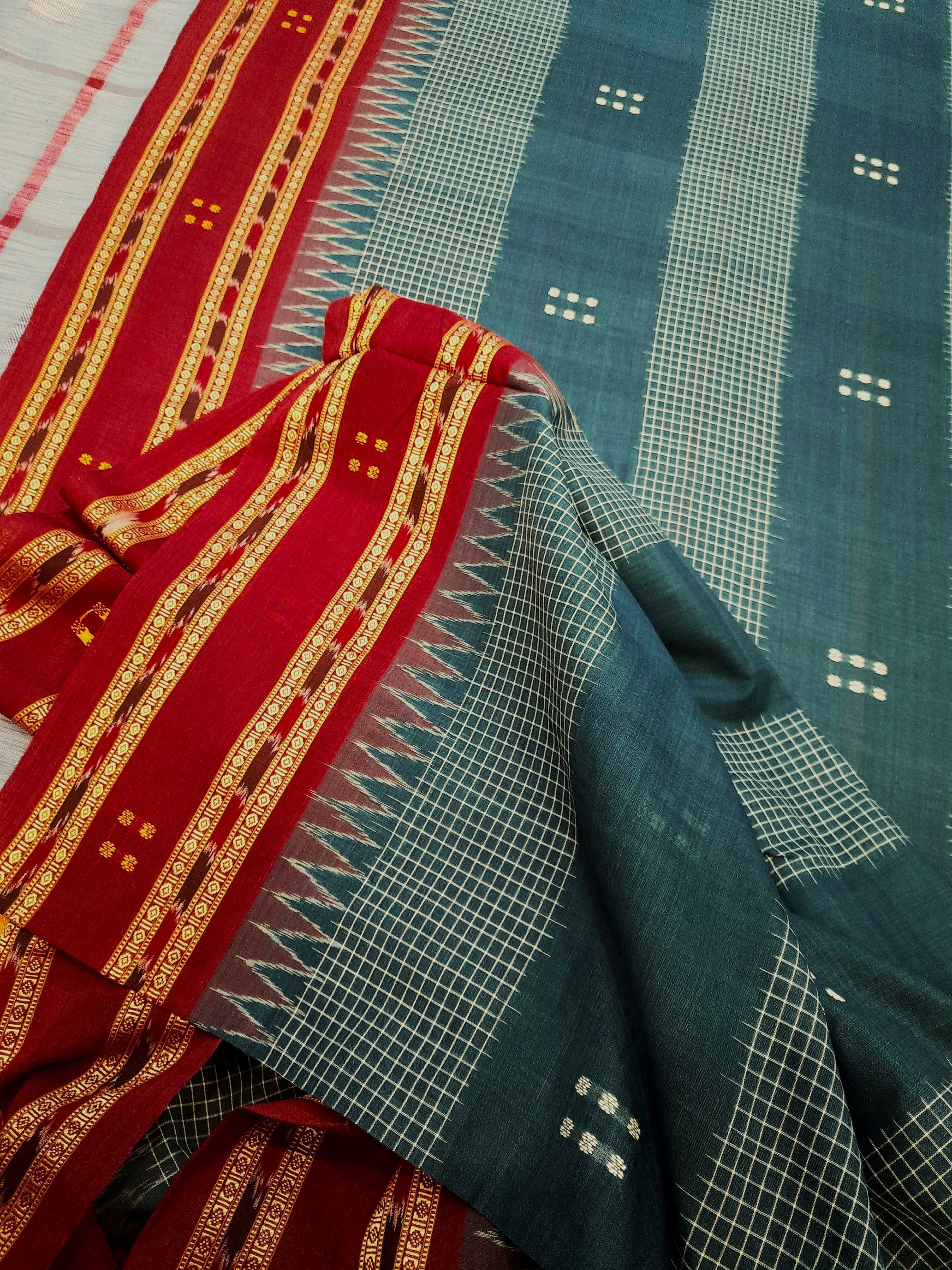 Blue with Maroon buti Cotton Odisha Ikat saree with mix match cotton ikat blouse