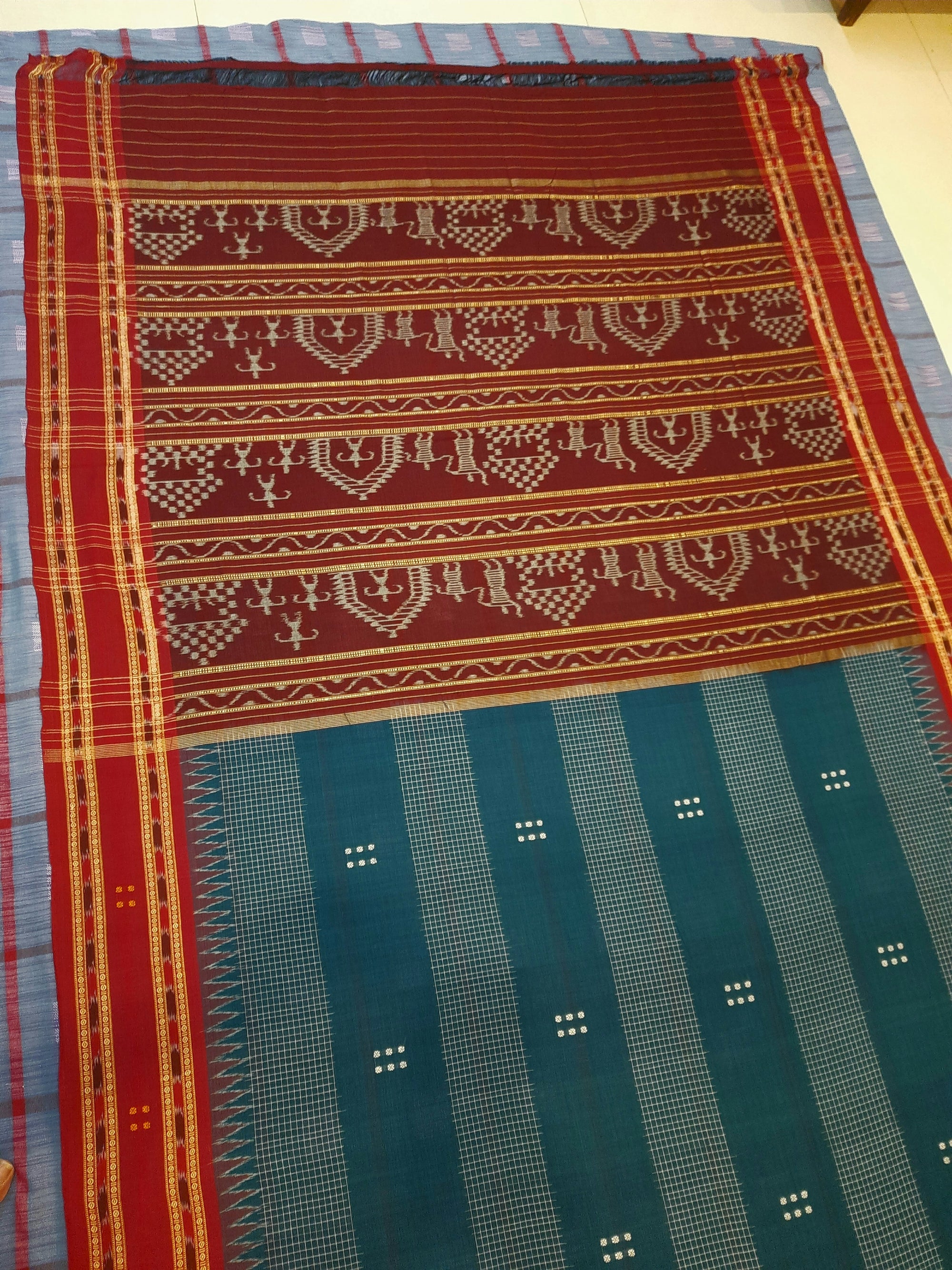 Blue with Maroon buti Cotton Odisha Ikat saree with mix match cotton ikat blouse