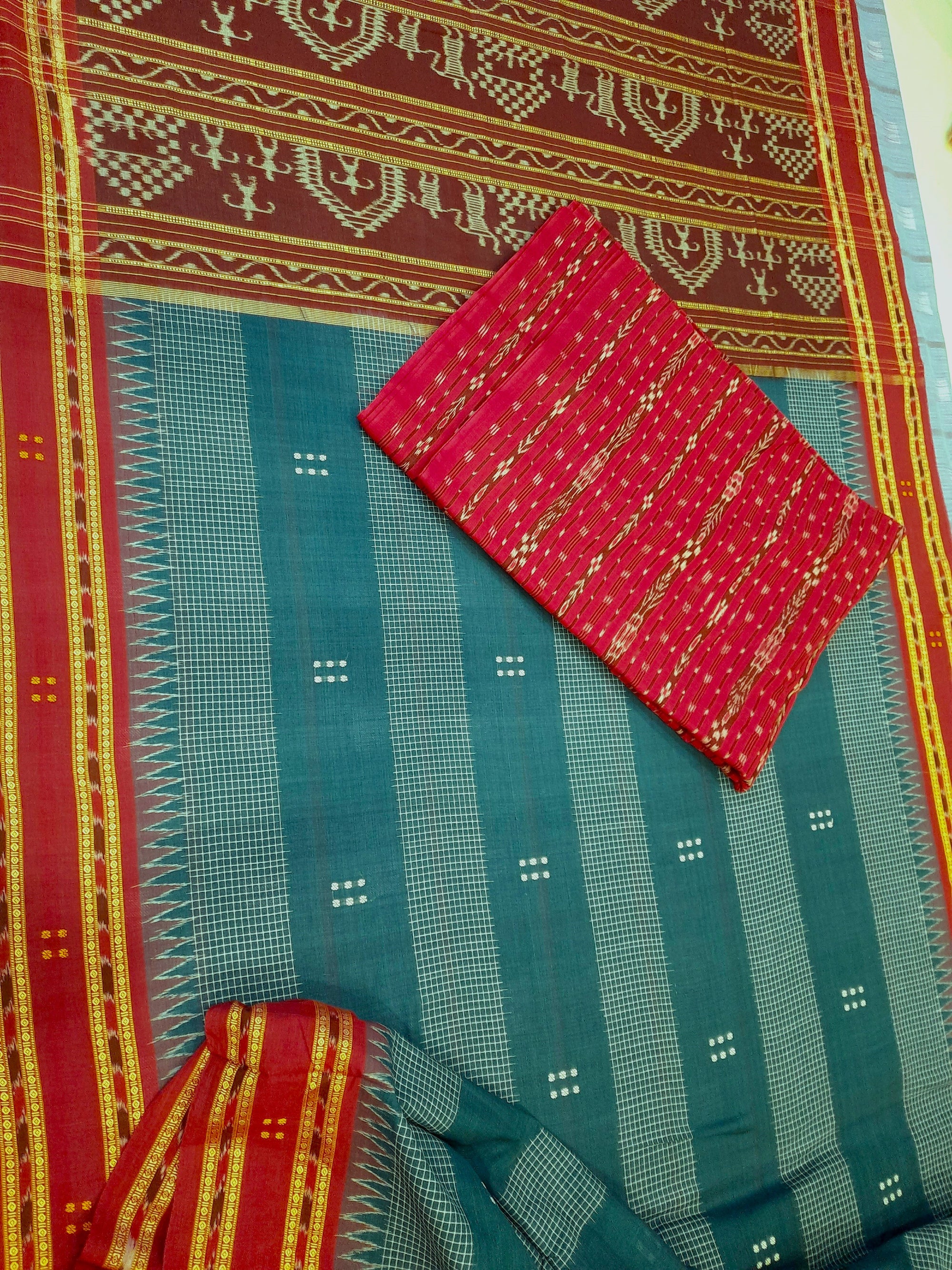 Blue with Maroon buti Cotton Odisha Ikat saree with mix match cotton ikat blouse