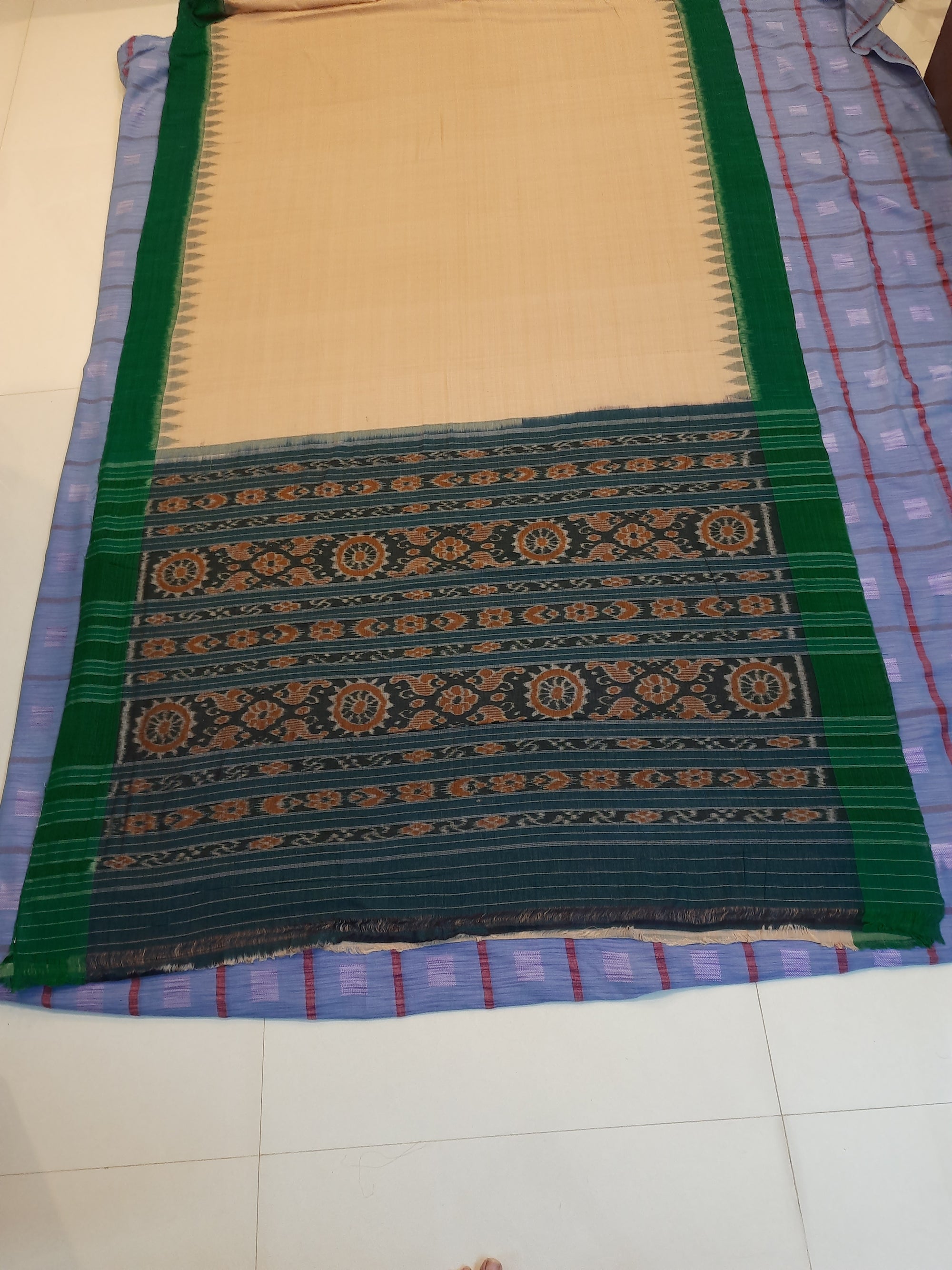 Matha colour with Green Cotton Odisha Ikat saree  with mix match cotton ikat blouse