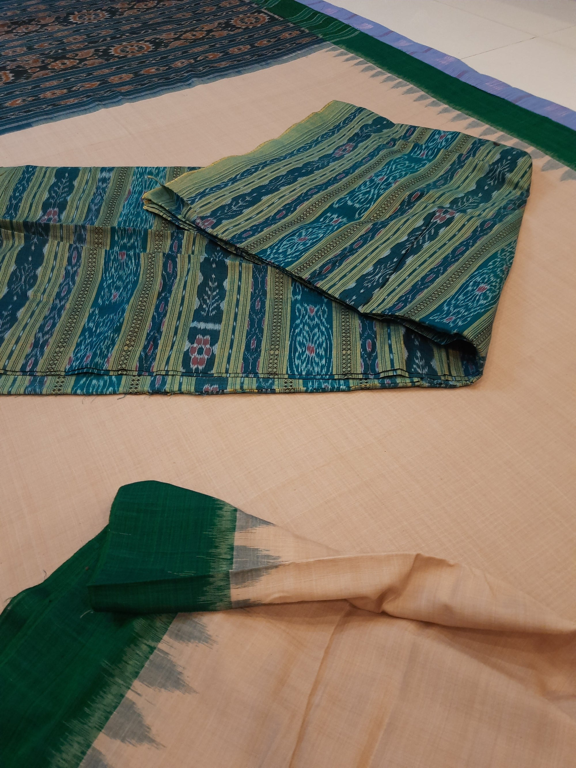 Matha colour with Green Cotton Odisha Ikat saree  with mix match cotton ikat blouse