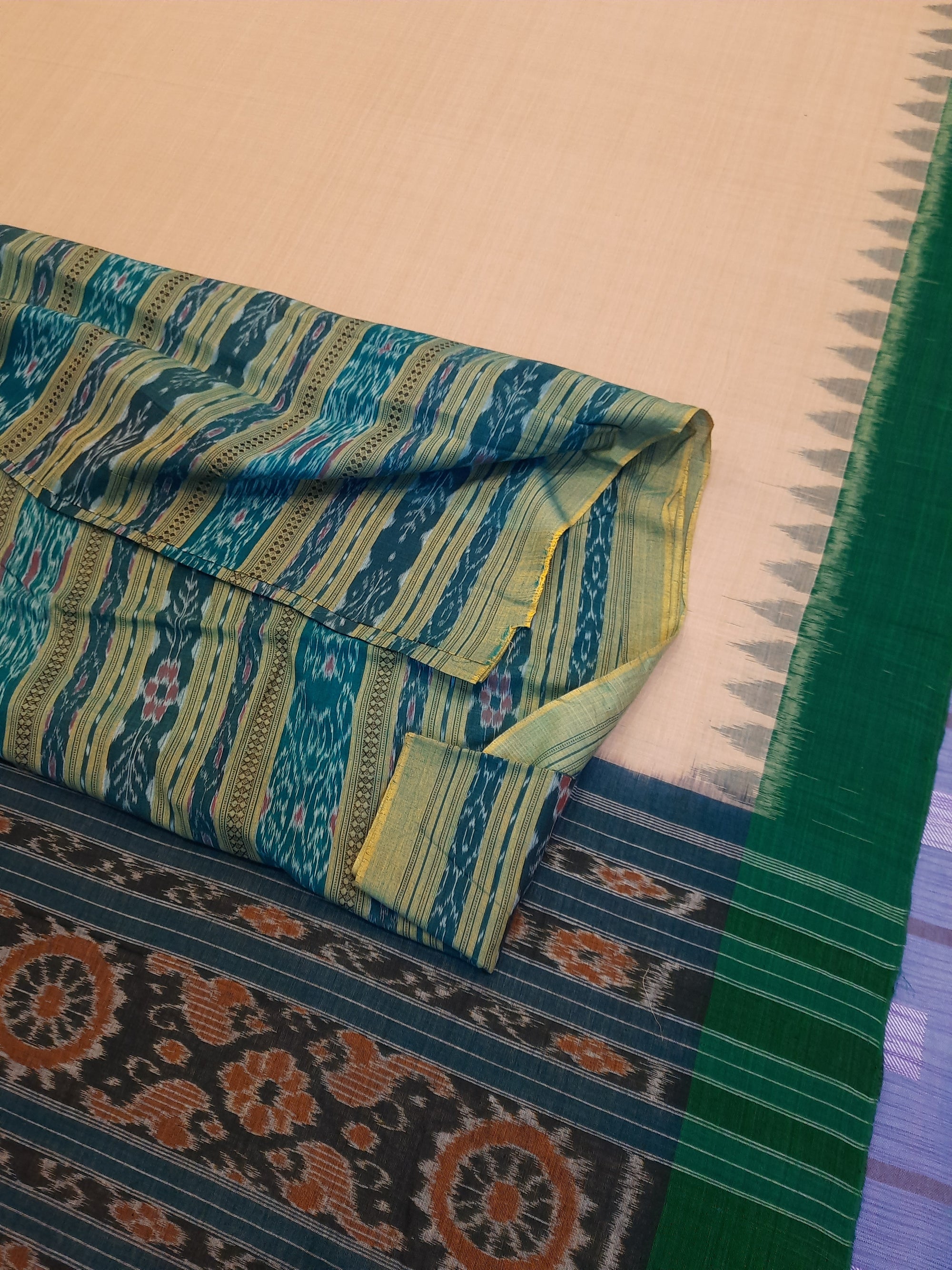 Matha colour with Green Cotton Odisha Ikat saree  with mix match cotton ikat blouse