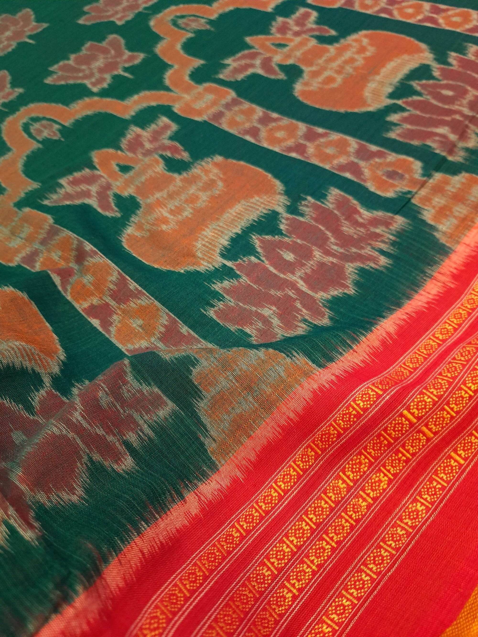 Green Odisha Ikat saree  with cotton ikat blouse piece