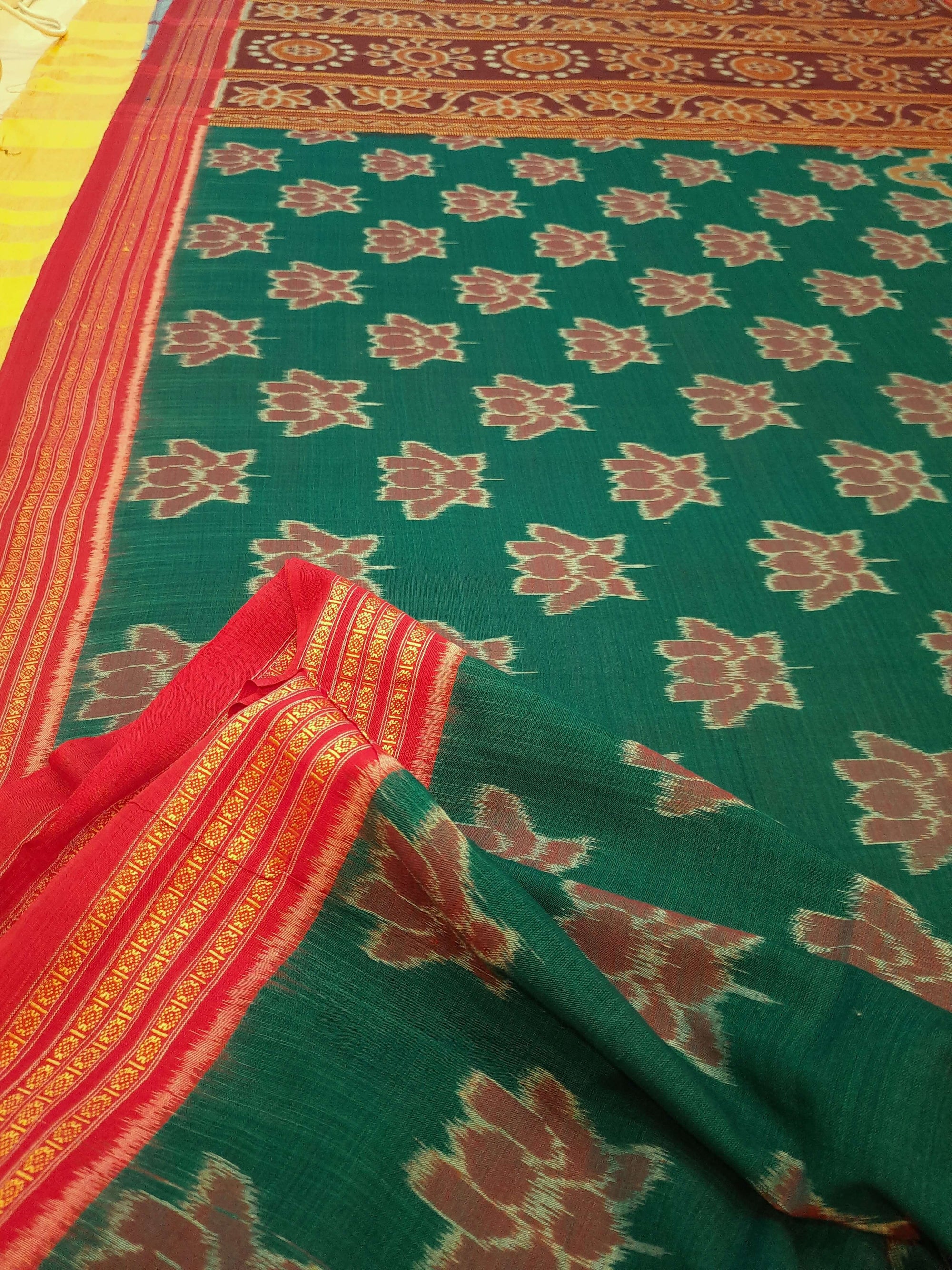 Green Odisha Ikat saree  with cotton ikat blouse piece