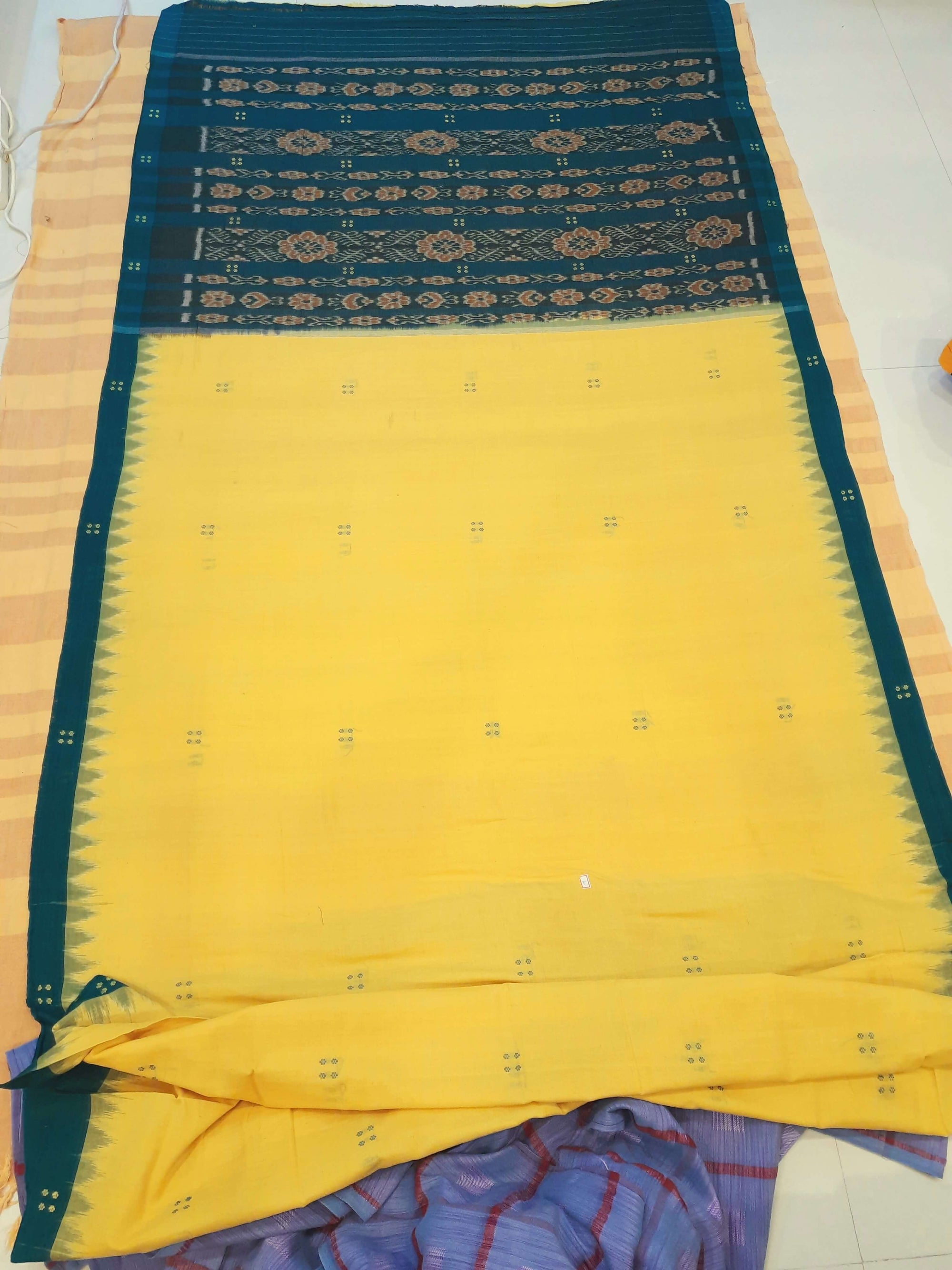 Yellow with Green coloured Odisha Ikat saree  with cotton ikat blouse piece