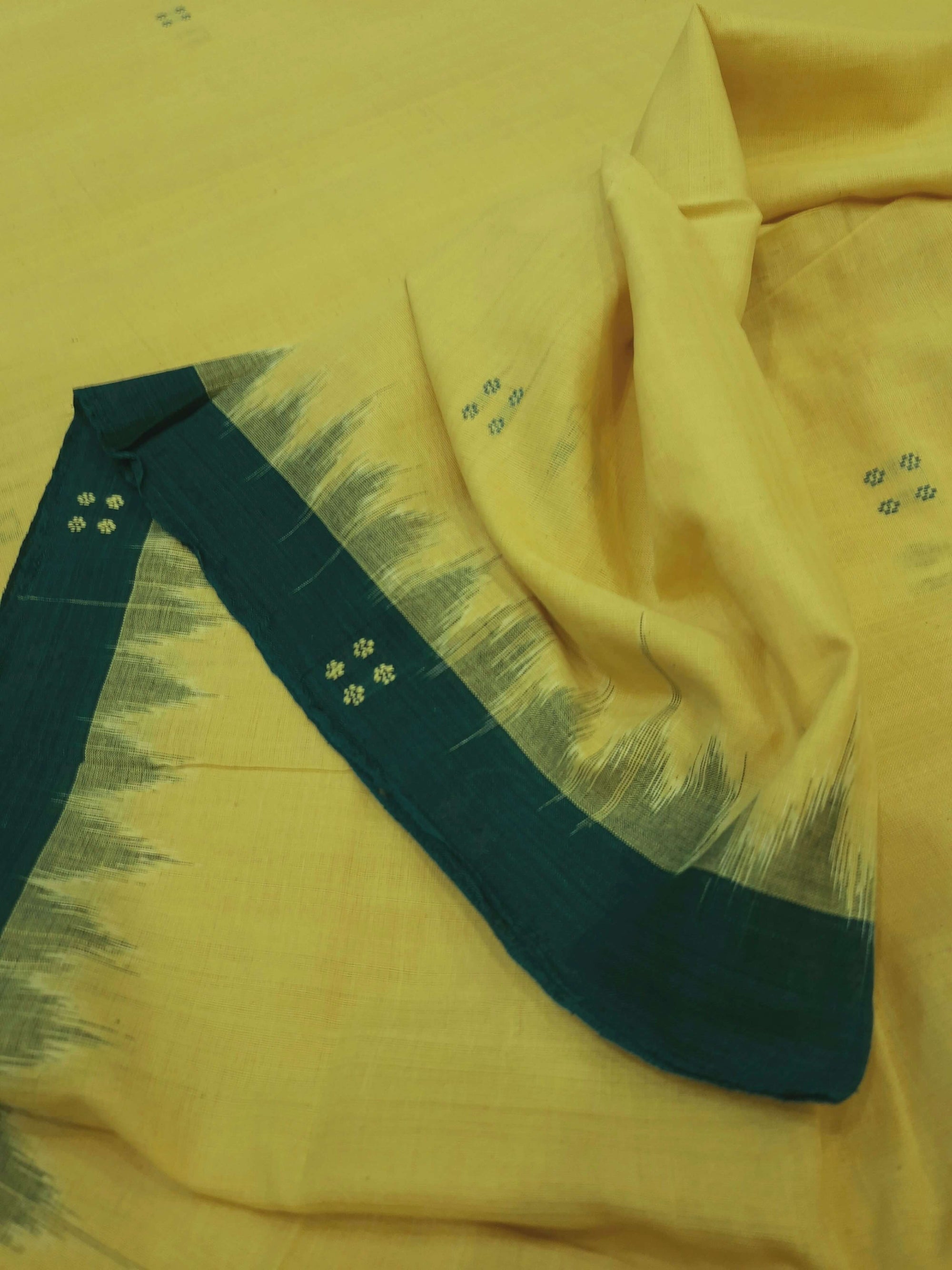 Yellow with Green coloured Odisha Ikat saree  with cotton ikat blouse piece