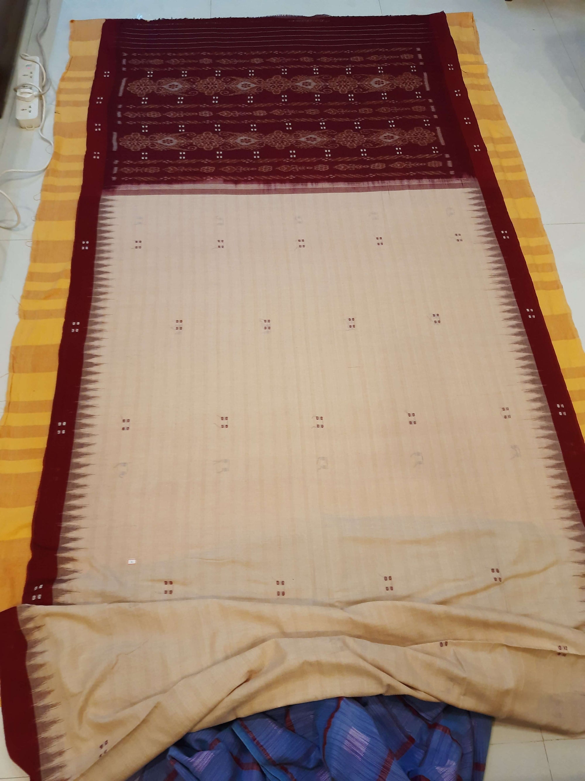 Beige with Maroon Odisha Ikat saree  with cotton ikat blouse piece