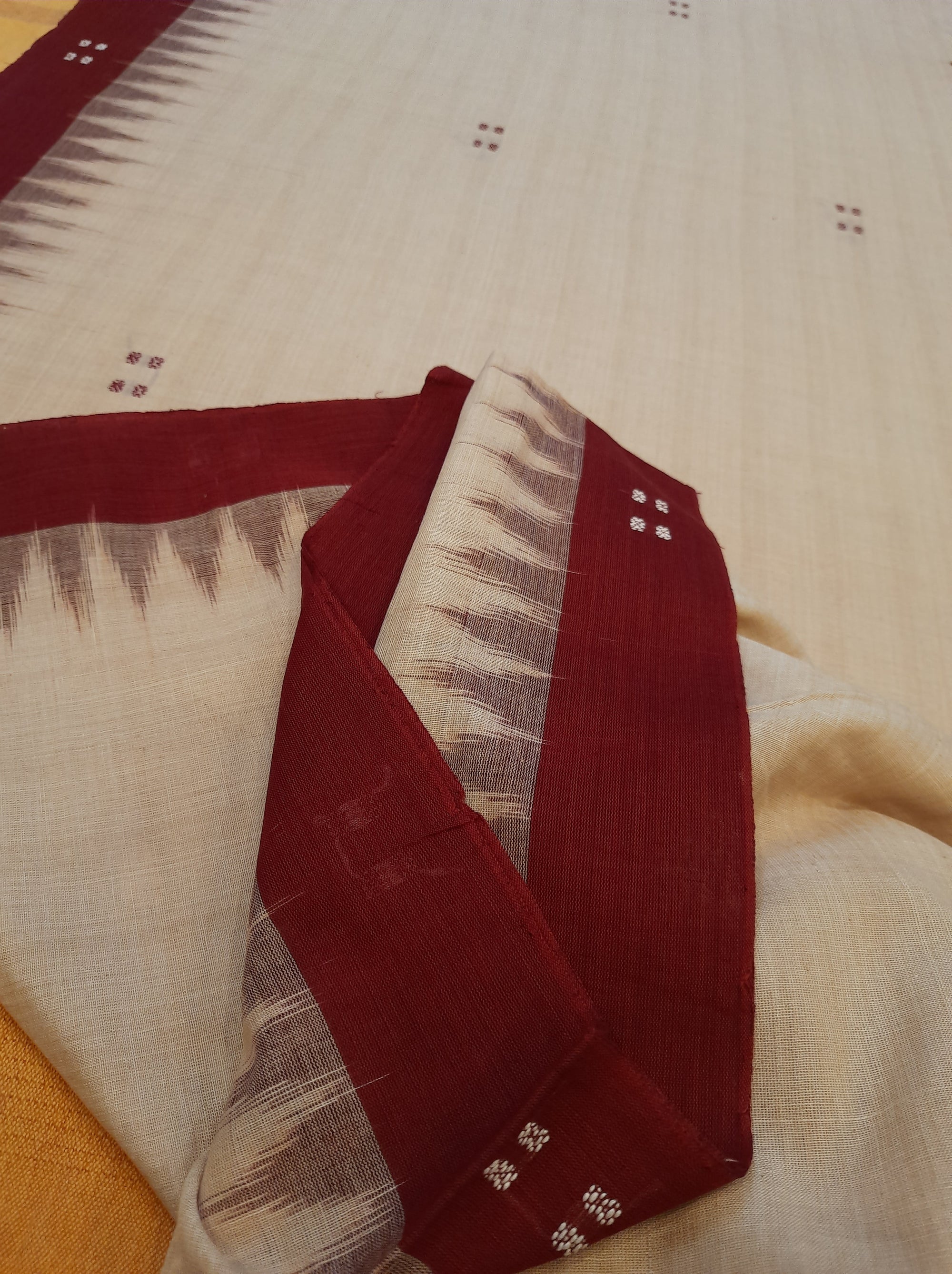 Beige with Maroon Odisha Ikat saree  with cotton ikat blouse piece