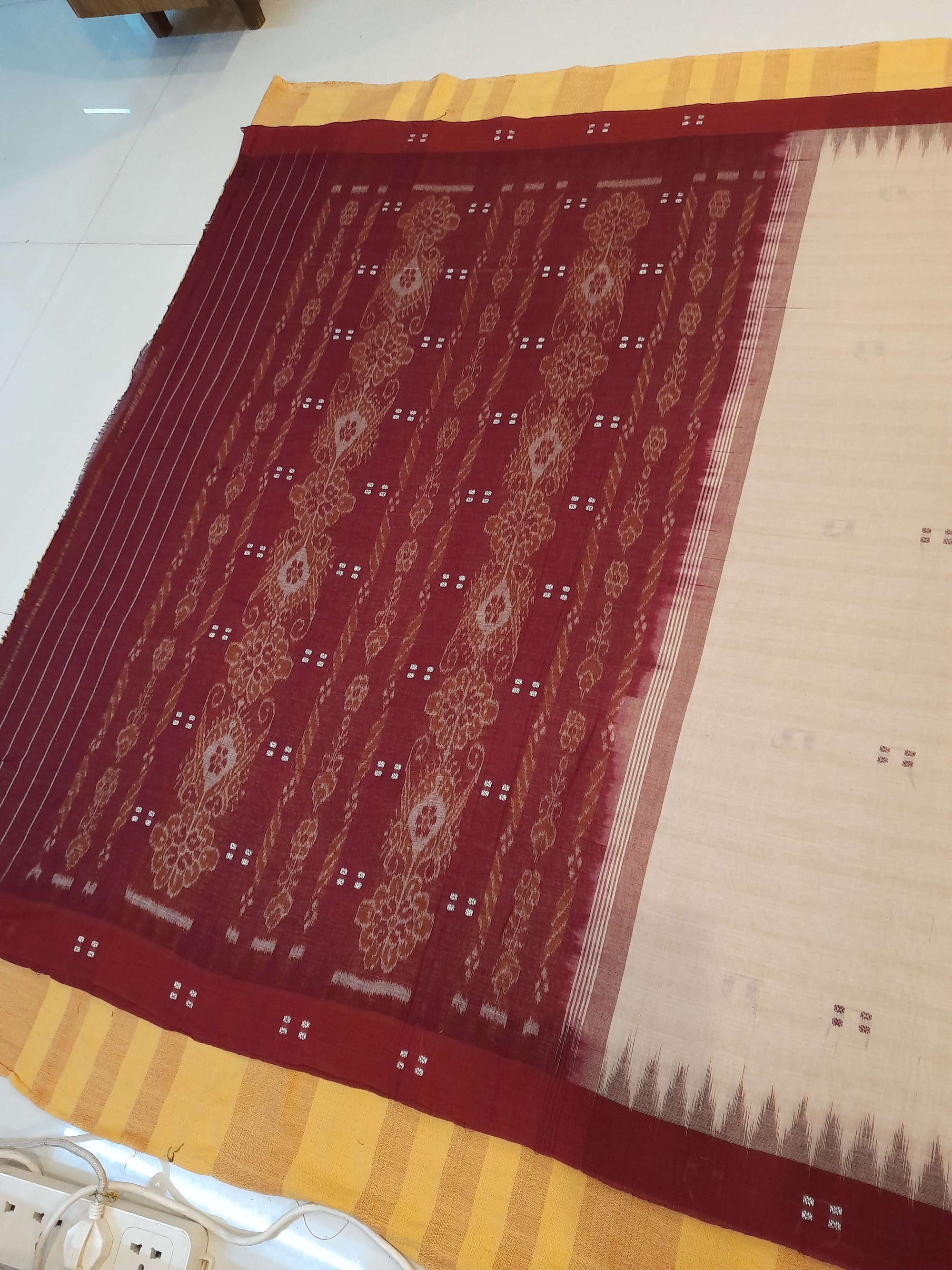 Beige with Maroon Odisha Ikat saree  with cotton ikat blouse piece