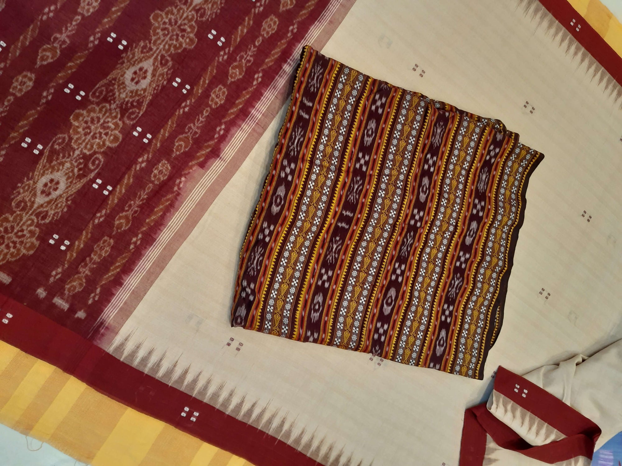 Beige with Maroon Odisha Ikat saree  with cotton ikat blouse piece