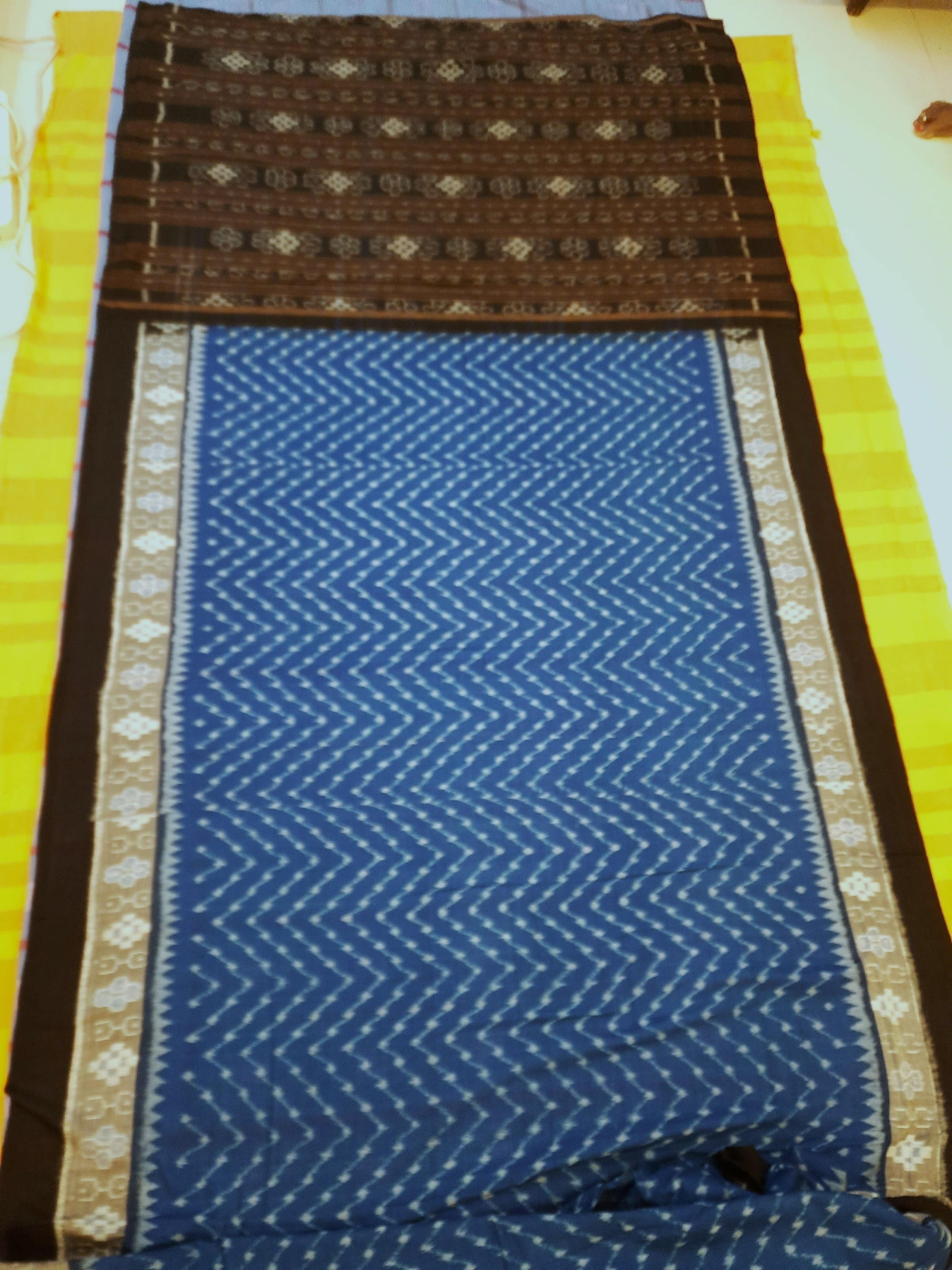 Blue Black cotton Sambalpuri Saree with running cotton Ikat blouse piece