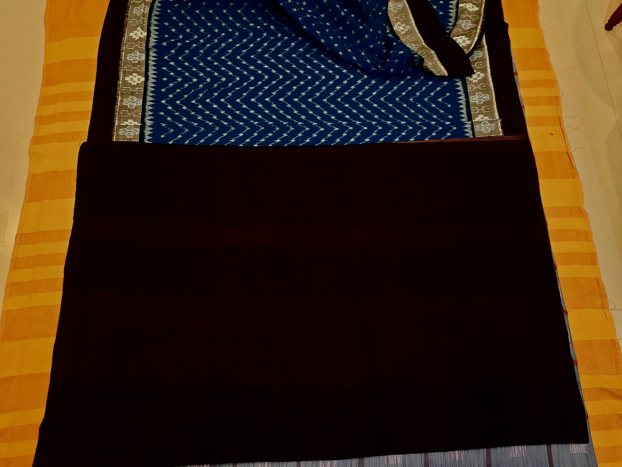 Blue Black cotton Sambalpuri Saree with running cotton Ikat blouse piece