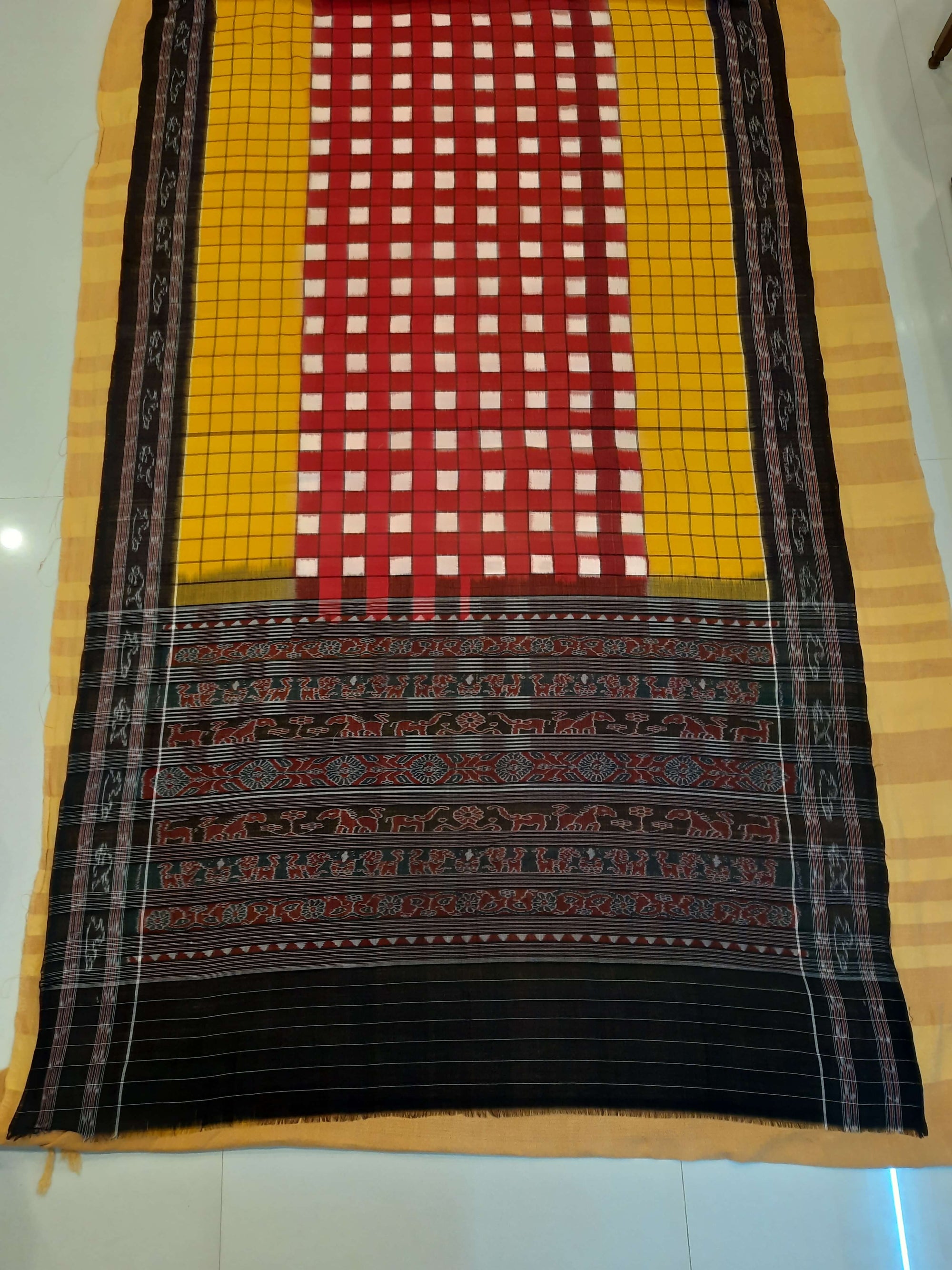 Maroon Yellow with black Sambalpuri Sachipar Cotton Saree with mix match blouse piece