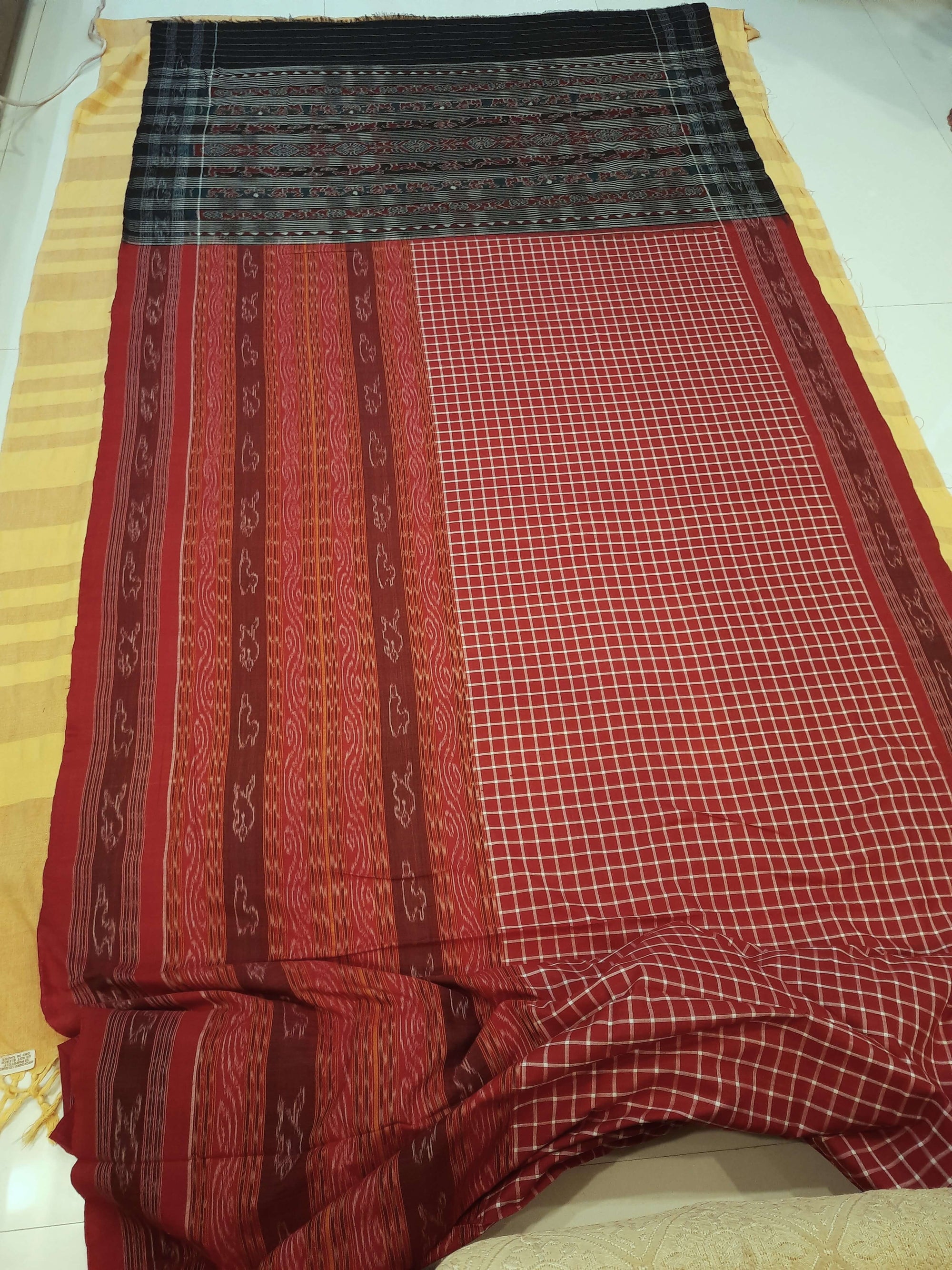 Maroon wide border Sambalpuri Sachipar Cotton Saree with mix match blouse piece